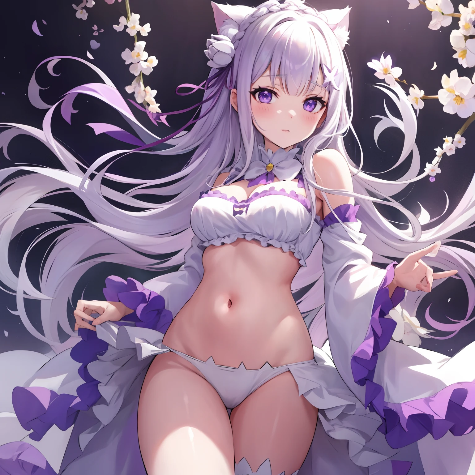 Emilia Re:Zero, white hair, white crown braid, purple ribbons in hair, white flower in hair, white lingerie, x hair ornament, purple eyes, long hair, medium breasts, fox girl, multiple tails, 1girl, solo, 

(masterpiece:1.1), (best quality:1.1), (ultra-detailed:1.1), (illustration:1.1), medium breasts, cat lingerie, cleavage cutout, midriff, lingerie, looking at viewer,