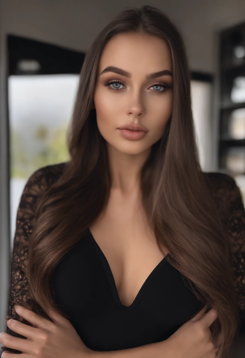 mulher arafed totalmente , Menina sexy com olhos castanhos, ultra realistic, meticulosamente detalhado, Retrato Sophie Mudd, cabelos castanhos e olhos grandes, selfie de uma jovem mulher, Olhos do quarto, Violeta Myers, sem maquiagem, maquiagem natural, Looking directly at the camera, Rosto com ArtGram, maquiagem sutil, impressionante tiro de corpo inteiro ajoelhado na cama, no quarto, medium to large bust