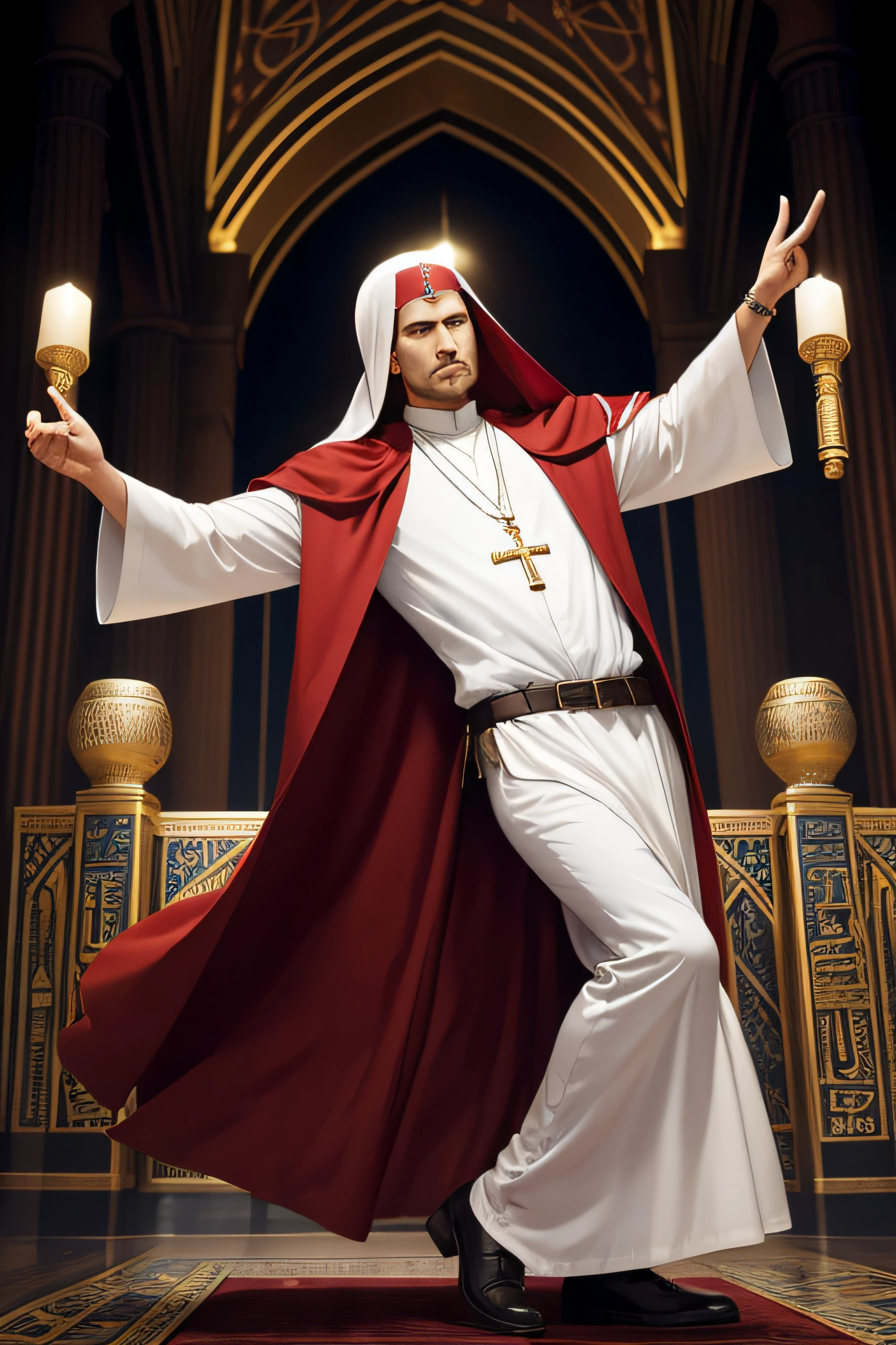 man, Egypt, Tarot cards, priest, Full-body stand, Long red veil, Raise your right hand..., Left hand pointing to the floor..., White shirt, Straight head, face detail