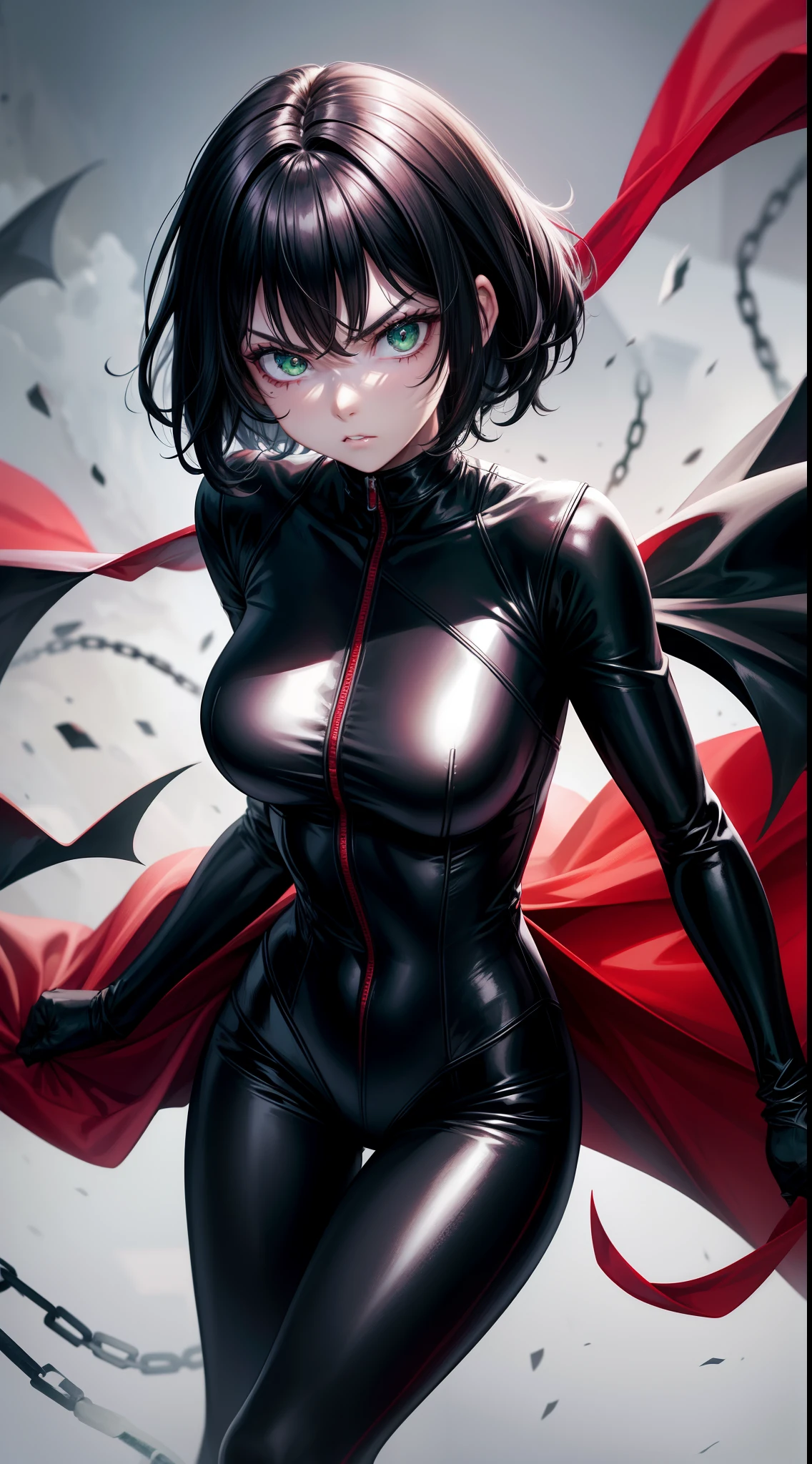 young girl, short black hair, Green eyes, angry, superhero, Spawn of Hell, black catsuit, White Elements, red coat, Demonic Chains, hiquality, 4k, HD, Good detail