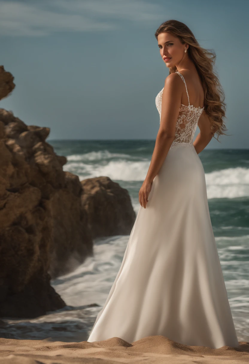 The soft light of the movie illuminates a beautiful Spanish supermodel with stunning detail and ultra-realisticity,Beach appearance,Long, messy dark blonde hair,clear green eyes,Charming perfect smile,Raised sexy,Hot woman,Reveal crispy breasts