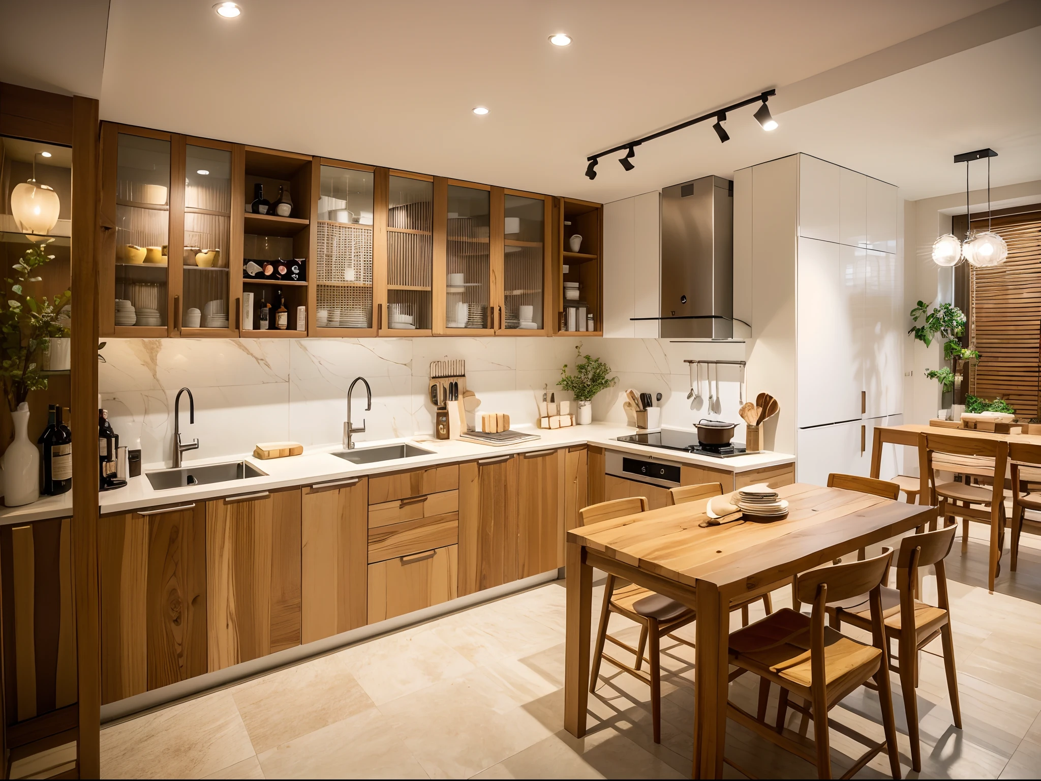 A kitchen with a row of wine cabinets, arranged from top to bottom, catches the eye as you step in. The cabinets display various fine wines. The dining table is designed with a wooden rectangular shape, complemented by a white frame, giving it a simple yet elegant and trendy look. The kitchen is equipped with a wide range of utensils and appliances, making it convenient to use. The lighting is soft, creating a relaxed and harmonious atmosphere. (best quality, highres, ultra-detailed), (realistic) Kitchen with a row of wine cabinets, wooden dining table with white frame, well-equipped with utensils and appliances, soft lighting.