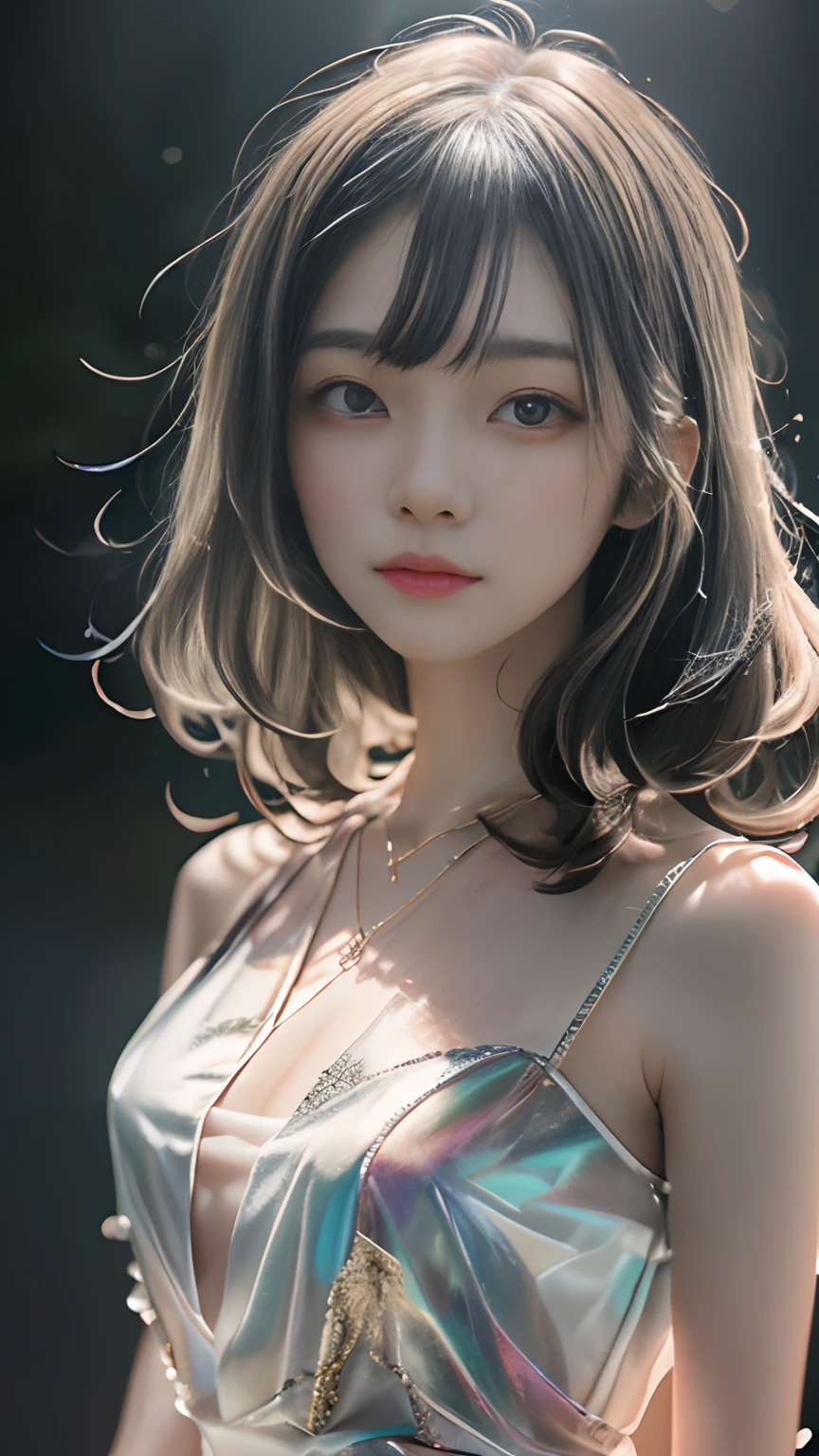 masterpiece, best quality,highres, 1girl, tall, long stright hair, perfect stature, white dress, fashion pose, bangs, look_at_viewer, chromatic dispersion,metallic_lustre, see_through, (tansparent_plastic:1.3), coloured glaze, Polychromatic prism effect, rainbowcore, iridescence/opalescence, glowing colors, aluminum foil, Glowing ambiance, (portrait:1.5), black background, full_body,