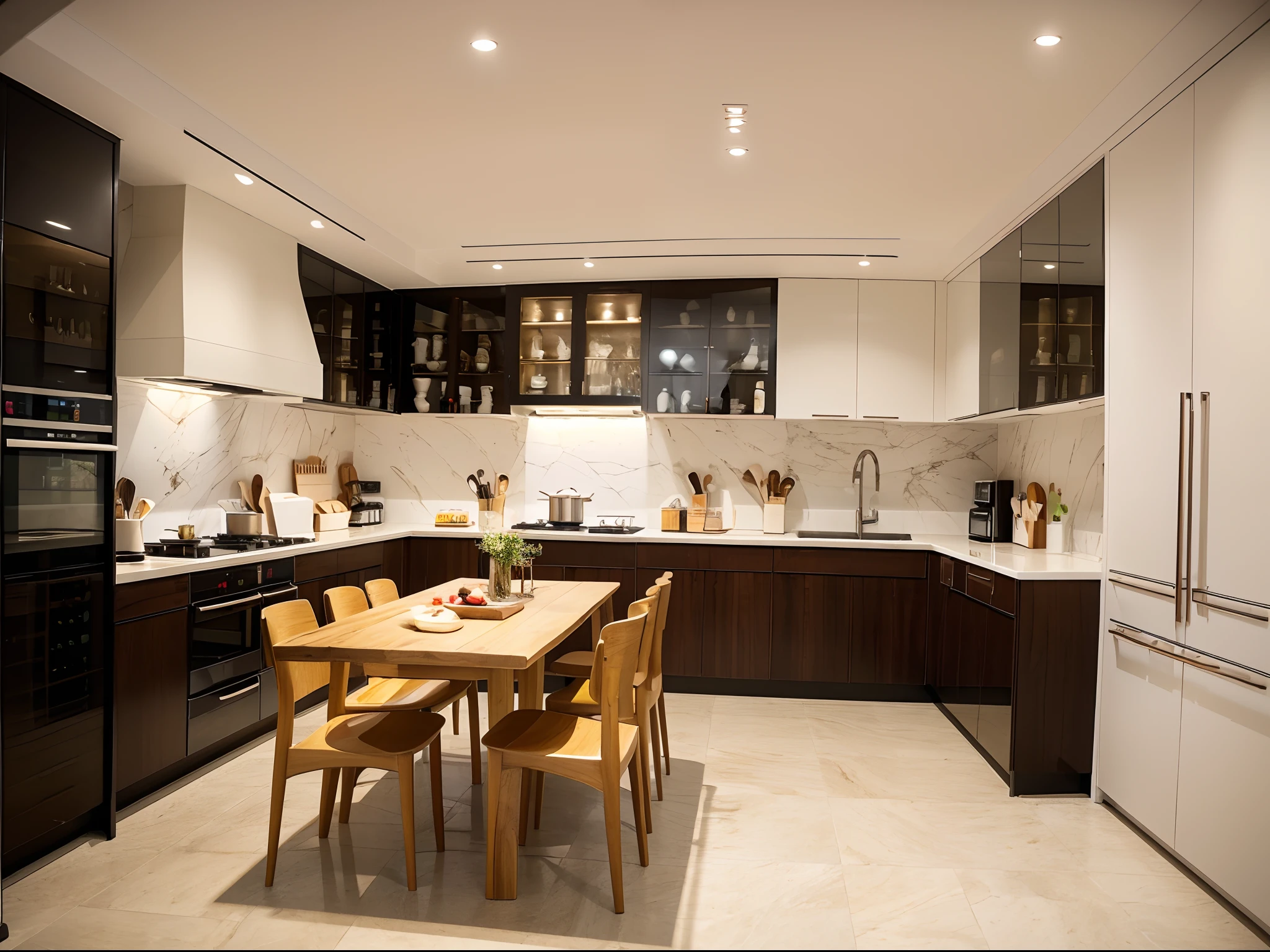 A kitchen with a row of wine cabinets, arranged from top to bottom, catches the eye as you step in. The cabinets display various fine wines. The dining table is designed with a wooden rectangular shape, complemented by a white frame, giving it a simple yet elegant and trendy look. The kitchen is equipped with a wide range of utensils and appliances, making it convenient to use. The lighting is soft, creating a relaxed and harmonious atmosphere. (best quality, highres, ultra-detailed), (realistic) Kitchen with a row of wine cabinets, wooden dining table with white frame, well-equipped with utensils and appliances, soft lighting.