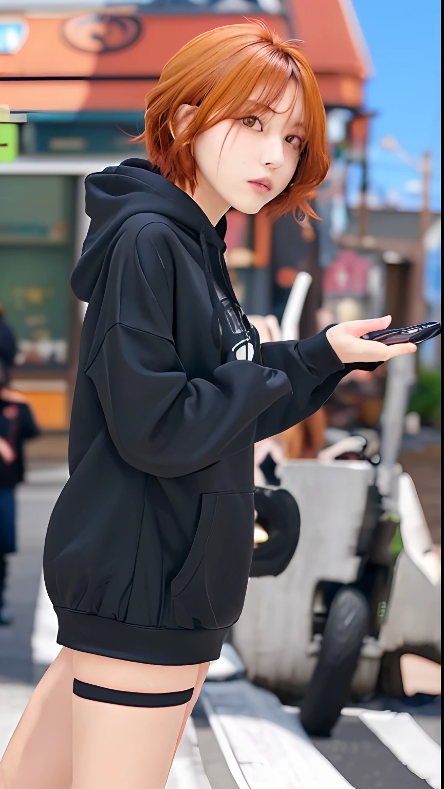 1girl, higuchi Madoka, black hoodie, shirt hair, orange hair, relistic, ultra detail, town background, 8k, 70mm lens,