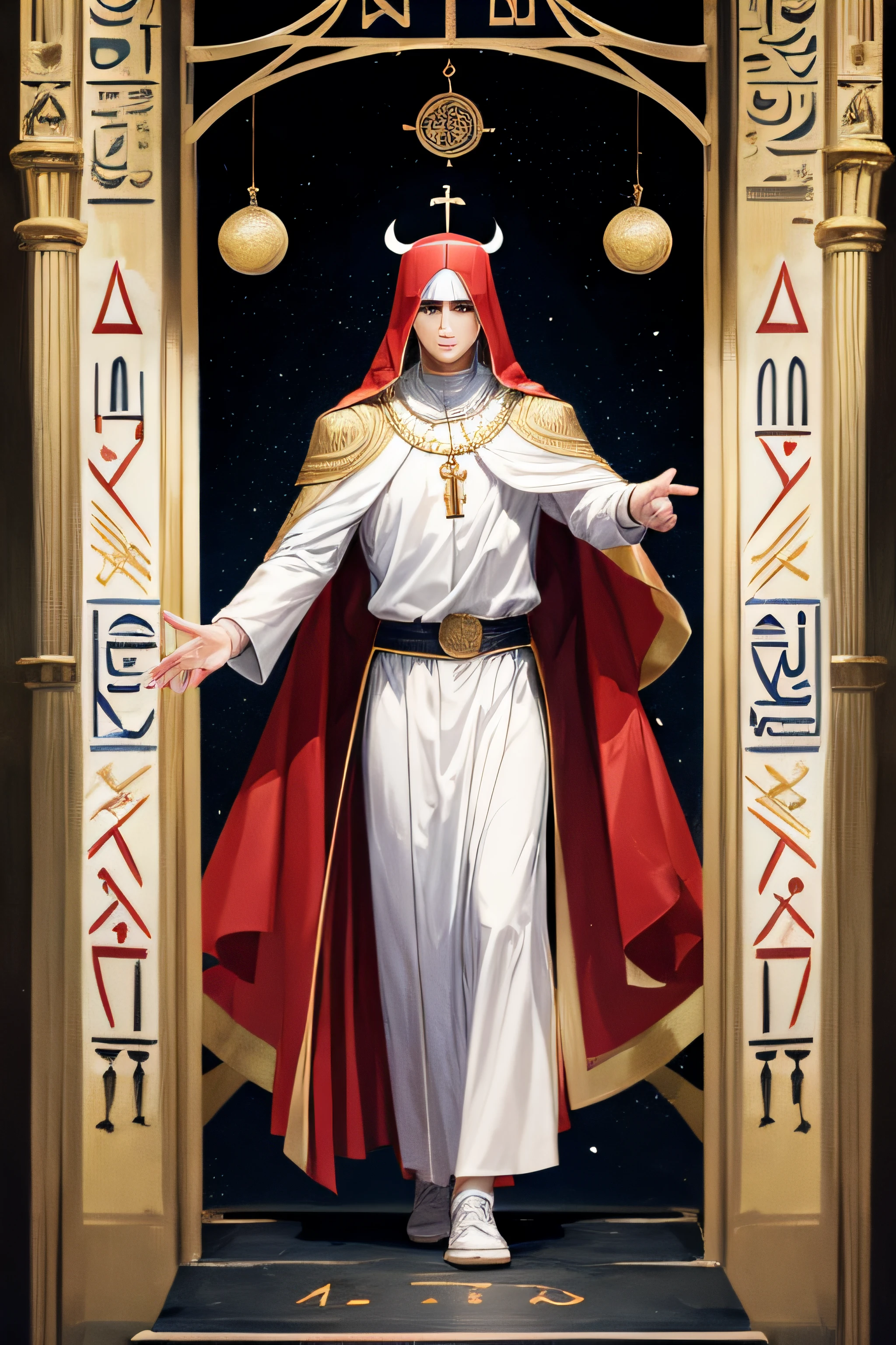 man, Egypt, Tarot cards, priest, Full-body stand, Long red veil, Raise your right hand..., Left hand pointing to the floor..., White shirt, Straight head, face detail