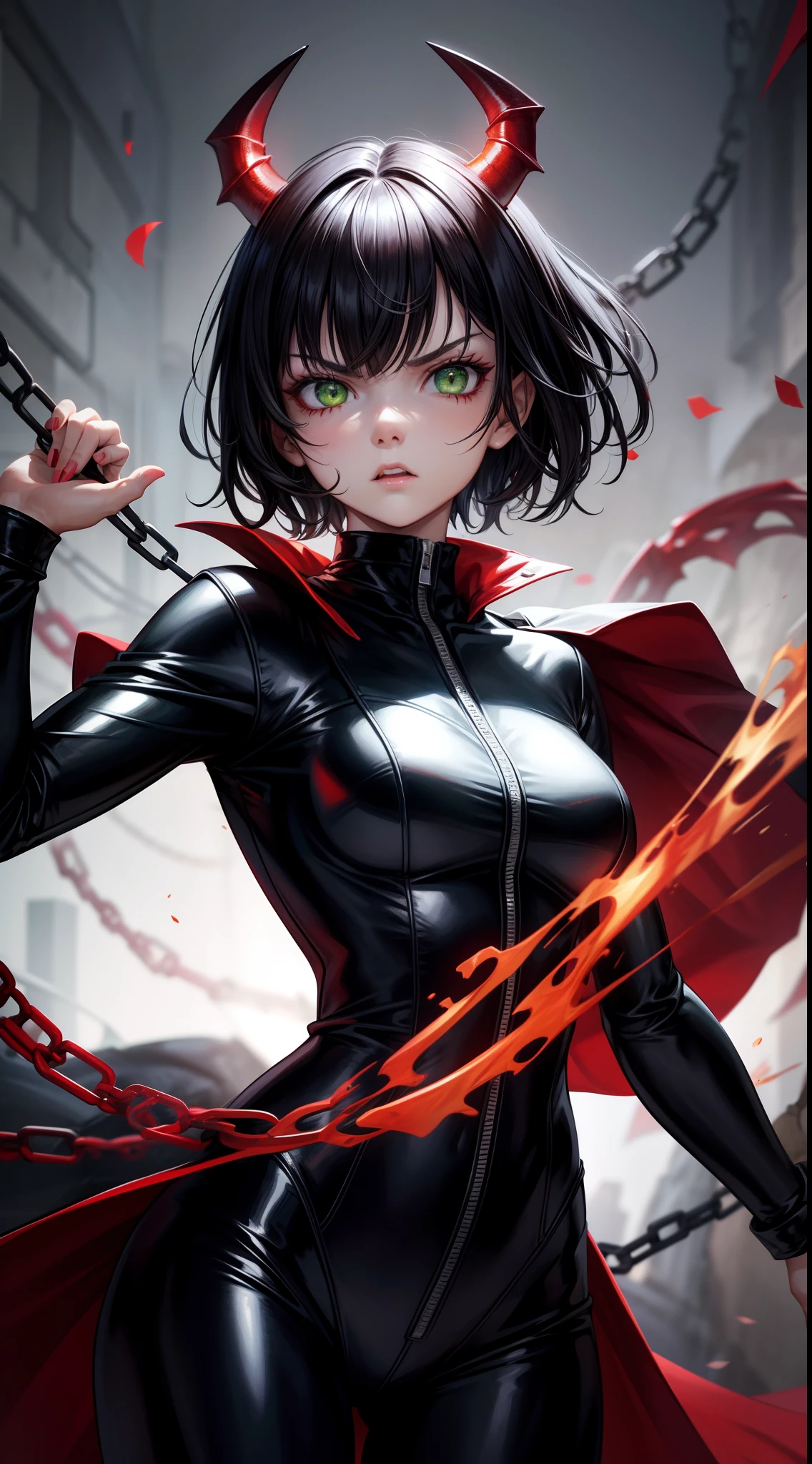 young girl, short black hair, Green eyes, angry, superhero, Spawn of Hell, black catsuit, White Elements, red coat, Demonic Chains, hiquality, 4k, HD, Good detail