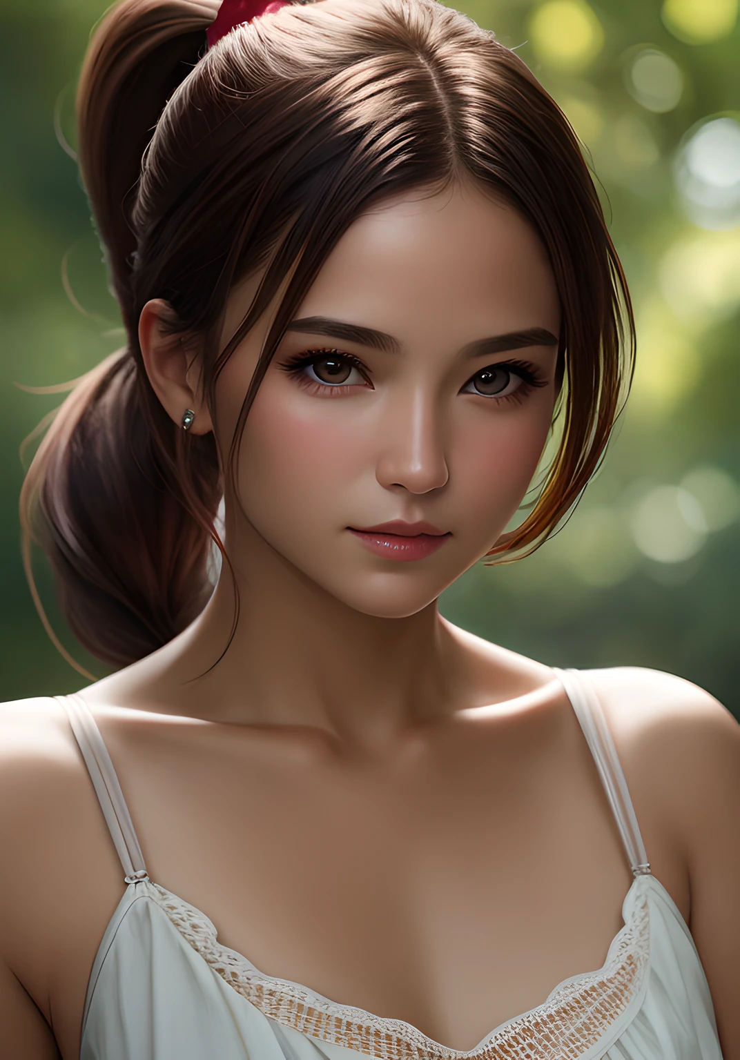 masterpiece, best quality, ultra details, 1girl, solo, close up, collarbone, photo realistic, depth of field, real skin texture, pony tail,