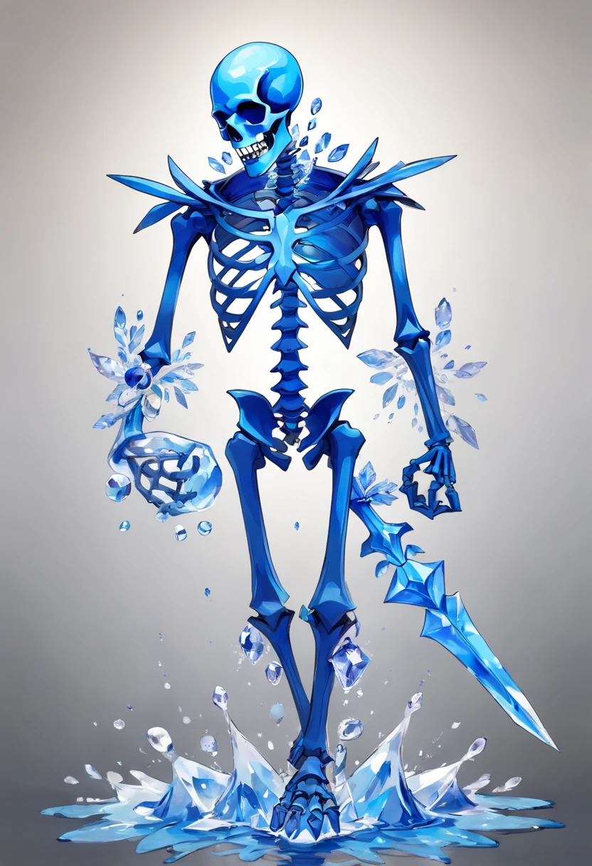 Blue Skeleton made of water, shimmering blue and dark blue, blue spike crystals, water, best quality, masterpiece