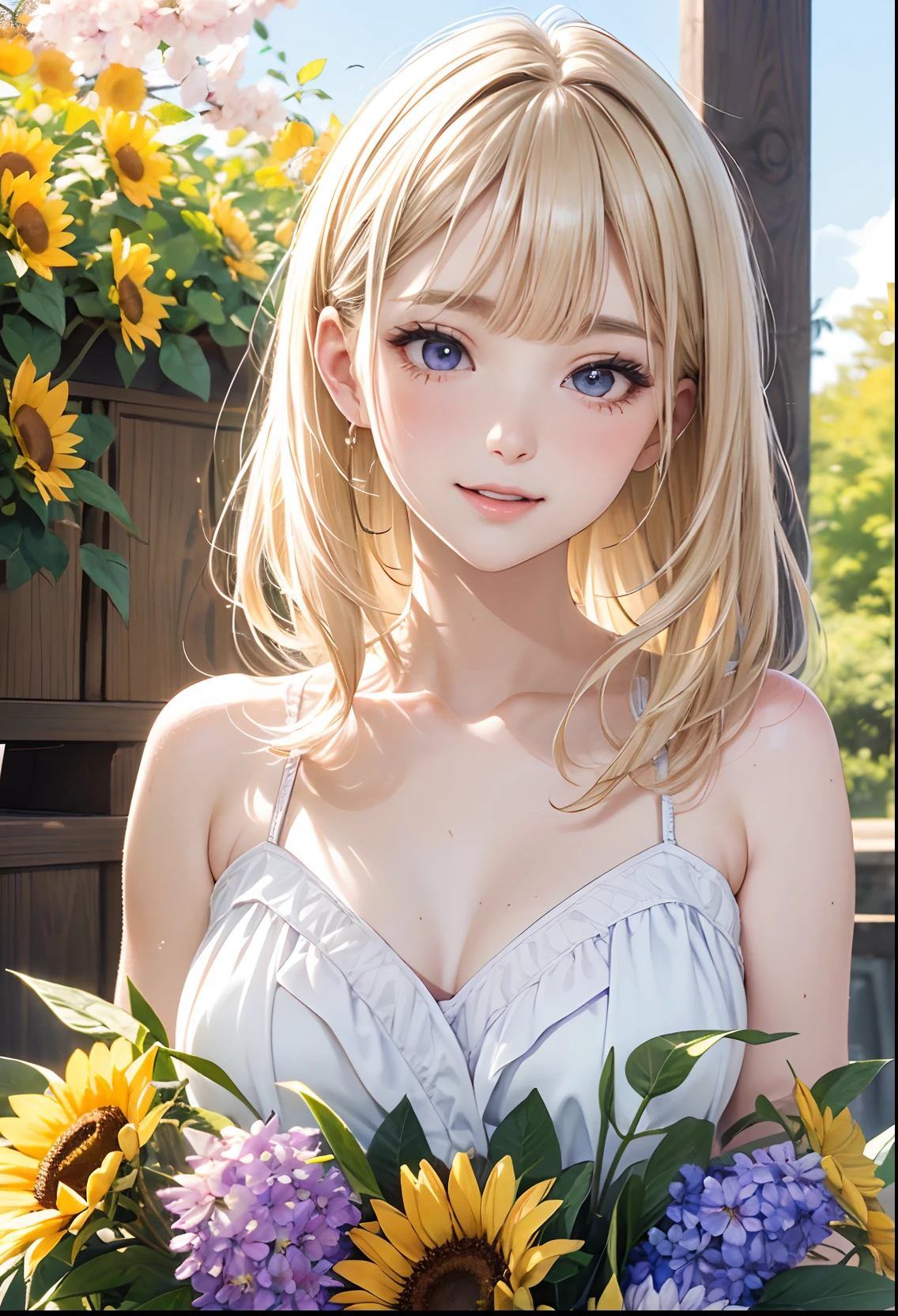 absurderes, ultra-detailliert,bright colour,(in 8K:1.3),masuter piece,extremely beautiful detailed face and eyes, 25 years old,(Smooth straight blonde hair:1.3), (Shiny hair:1.2),(Aligned bangs:1.4),beautiful and aesthetic, (zentangle):1.3, masterpiece, concept art, ultra detailed digital illustration,Four shrine maidens, overlapping flowers, cherry blossoms, wisteria, sunflowers, chrysanthemums, autumn leaves, morning glories, bellflowers, scenery of the four seasons, pastel colors, delicate drawings, watercolors, vivid, happy,