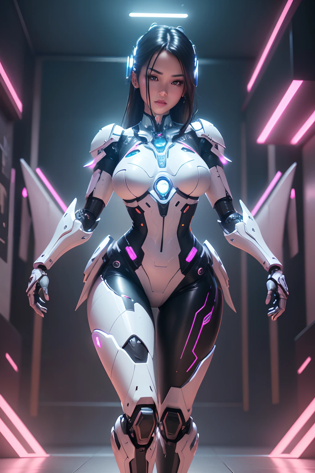 Beautiful Alluring bionic robot jenna ortega, plastic white robot skin, exposed mechanical glowing ribs, glowing mechanical parts, exposed mechanical plastic white limbs, glowing mechanical spine and vertebrae, Athletic Well Toned Body, Elegant Form, extreme detail, cyberpunk theme, neon lights, Beautiful Face, fantasy theme, Fiverr Dnd Character, Octane Render, Digital Art, Extreme Detail, 4k, Ultra Hd, Polished, Beautiful, Hyperdetailed, Intricate, Elaborate, Meticulous, Photorealistic, Sharp Focus, Wlop, Character Design, Unreal Engine, 3d Rendered, Volumetric Lighting, Reflections, Glossy, Digital Illustration, Sensual Pose, Suggestive Pose, Lewd, Full Body Shot, anatomically correct 💖❤💕💋❣
