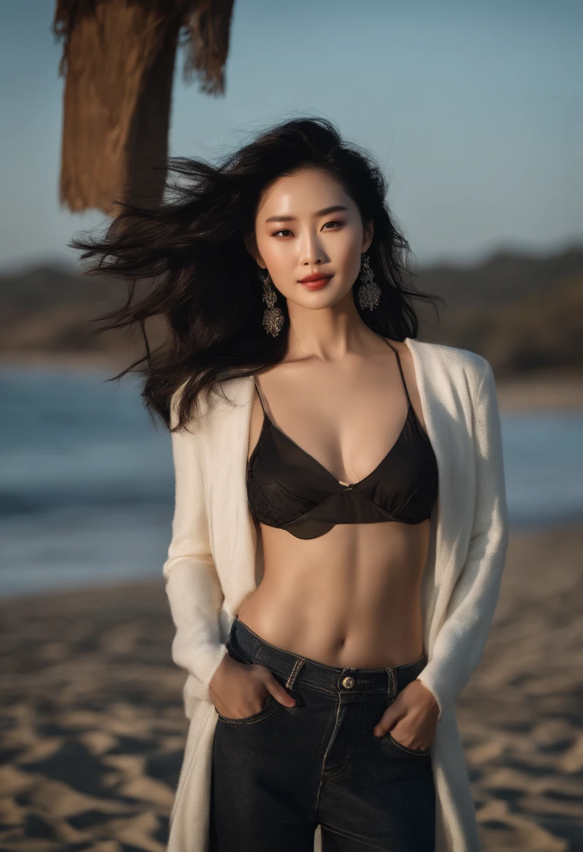 The soft light of the movie illuminates a beautiful Chinese supermodel with stunning detail and ultra-realistic,Beach appearance,Long, messy black hair,Clear black eyes,Charming perfect smile,Raised sexy,Reveal crispy breasts