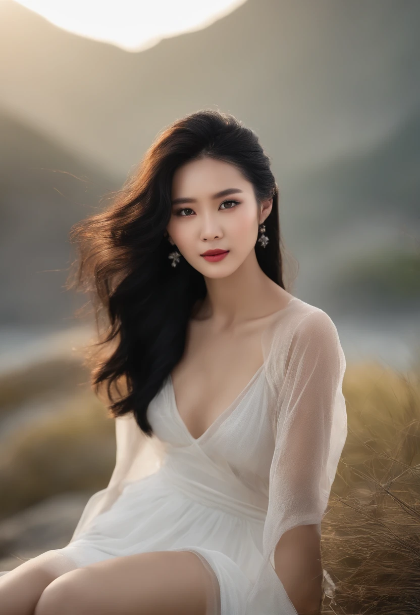 The soft light of the movie illuminates a beautiful Chinese supermodel with stunning detail and ultra-realistic,Beach appearance,Long, messy black hair,Clear black eyes,Charming perfect smile,Raised sexy,Reveal crispy breasts