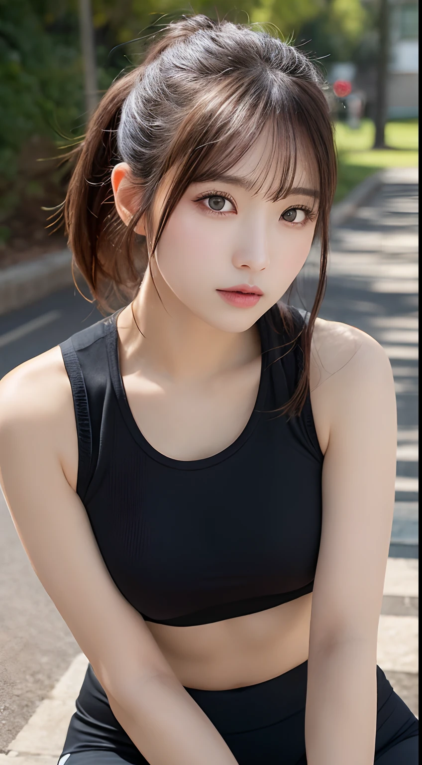 (masutepiece, Best Quality:1.2), violaceaess, rosaceaess, Delicate girl, Beautiful face, 8K, Official art, Raw photo, unbelievable Ridiculous, 85mm Portrait, Upper body, (Close up face:0.8), (tight outfit:1.6), (White tennis clothes:1.5), stylish pose, small head, Large breasts, Cinch West, Looking at Viewer, Mini skirt, (arms behind back, empty-handed:1.4), arching back down, Thin arms, thin waist, No makeup, Sophisticated, face lights, clear lighting, Film grain, chromatic abberation, Sharp Focus, Shiny skin, Smile, Tennis Field, (bokeh Background:1.2), Background