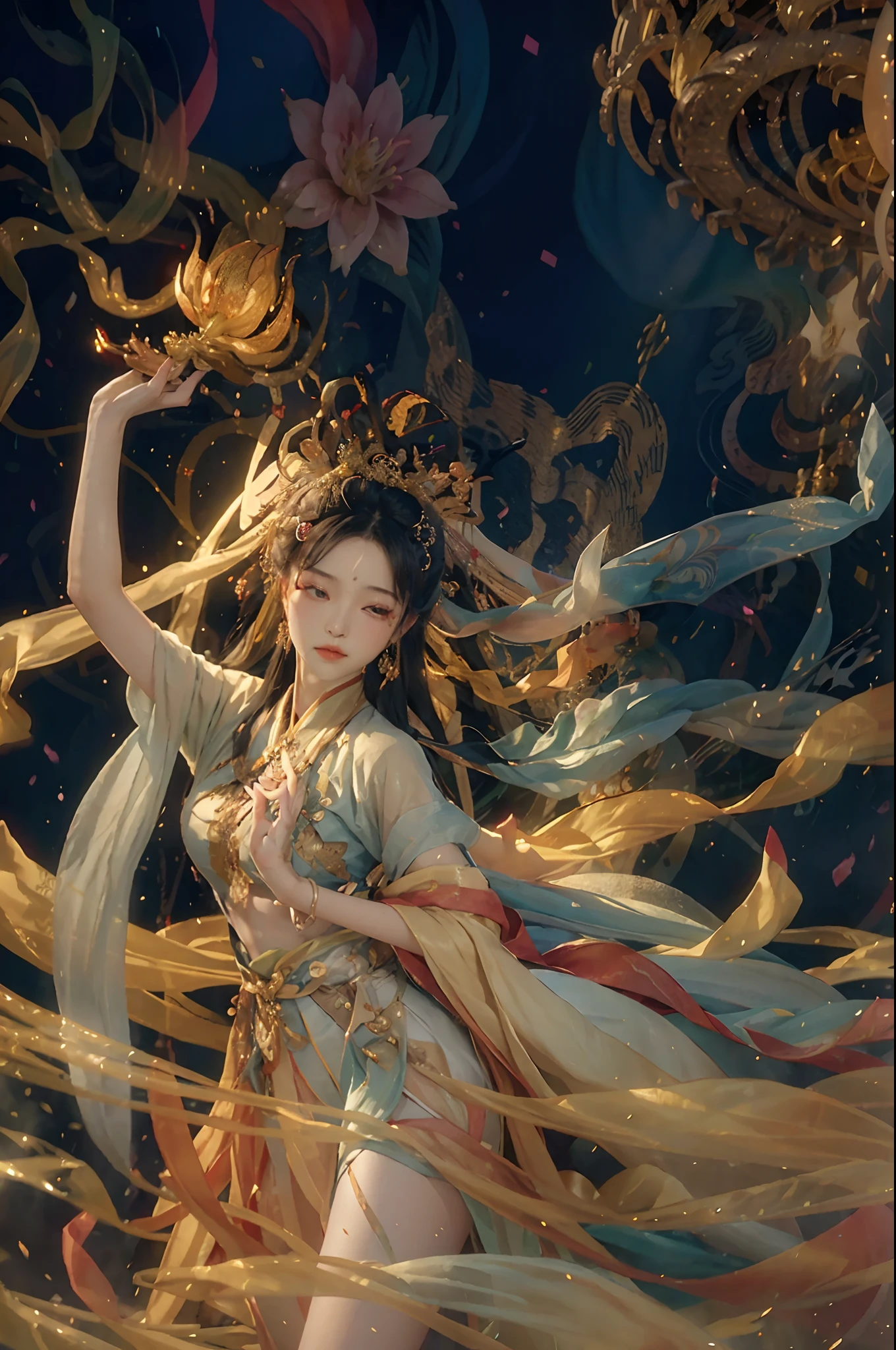 ((top-notch quality)), ((masterwork)), ((true-to-life)), xiuxian,A captivating and divine scene unfolds as a heavenly girl exudes an enchanting and ethereal aura, reminiscent of the exquisite Dunhuang Flying Apsara Murals. The setting is celestial, and the soft divine glow accentuates the girl's otherworldly charm. The colors are chosen from a divine palette, evoking the traditional Dunhuang style, creating a mesmerizing masterpiece that captures the essence of Dunhuang's beauty. The mural's high-resolution details allow every brushstroke to shine, resulting in a true-to-life masterpiece, picturesque and magnificent, with the aura of the ancient at eye level