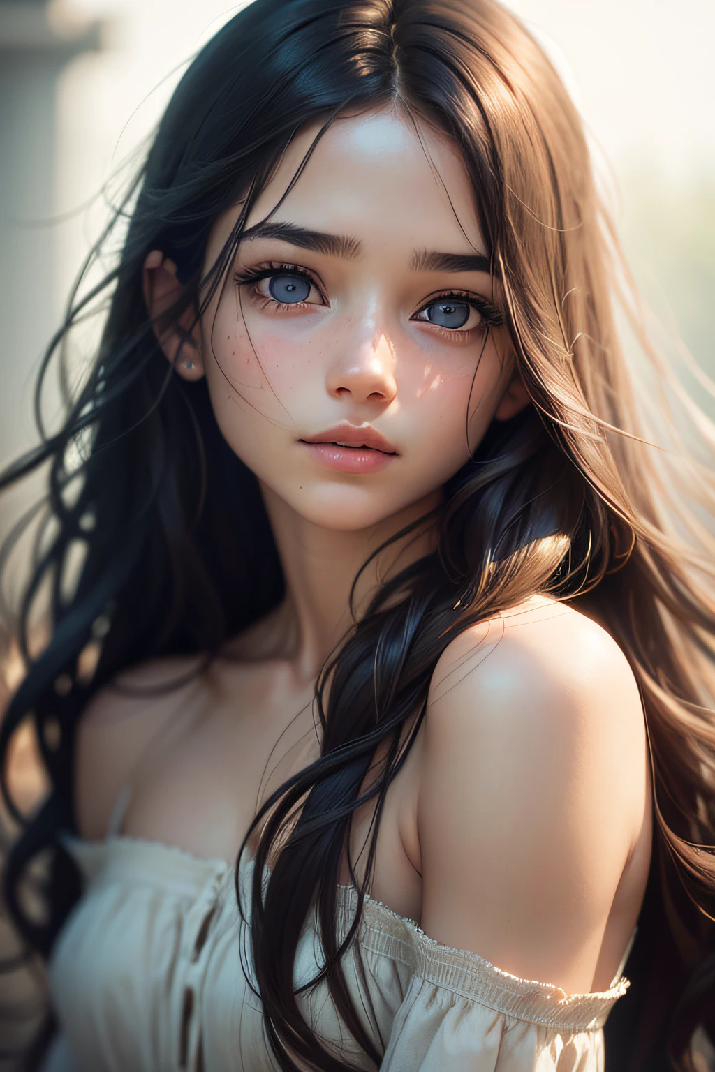 film portrait photography, 1girll, Bare shoulders, Wavy shoulder-length hair, serene, calm, (Realistic detailed eyes, Natural skin texture, Realistic face details), Soft dramatic lighting, Depth of field, Bokeh, vibrant detail, finely detailed, Hyperrealistic, 35mm film, Hazy and blurry, filmg,