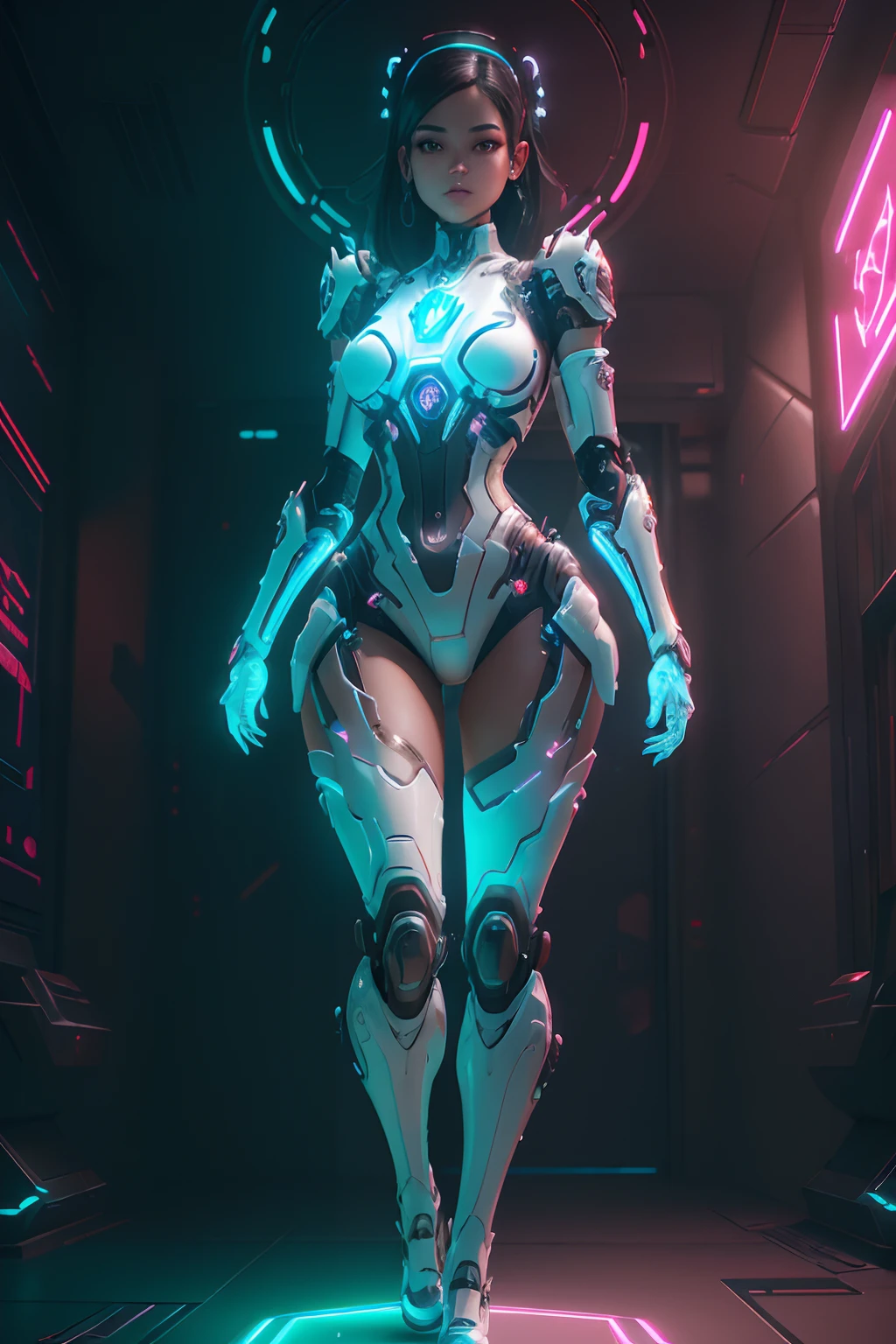 1girl, ultra realistic, crisp details, tall girl, perfect body, realistic face, perfect face, realistic body, epic skin details, white hair, hyper rendering, ultra details, glowing eyes, purple eyes, blush, parted lips, cybernetic ear, cybernetic hands, cybernetic legs, luminous cybernetic futuristic mechanical body, ultra realistic lights reflection details, ((full body)), from below.