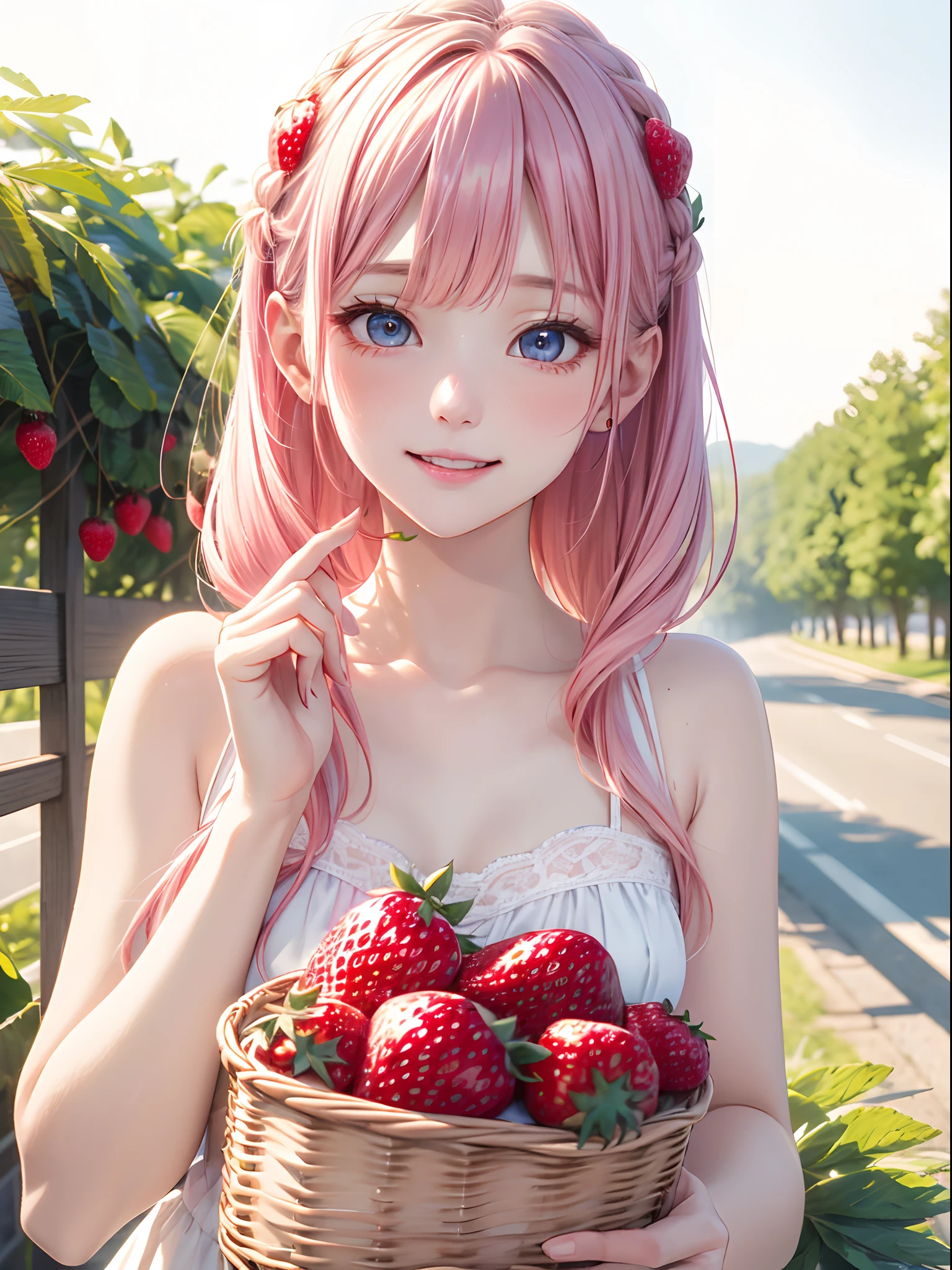 absurderes, ultra-detailliert,bright colour,(8K:1.5),masuter piece,extremely beautiful detailed face and eyes,(Strawberry personification:1.3)、Valley、Pink skin、Pink hair,,Summer morning with basket with lots of strawberries、Guibli,Summer country roads,Smile and wave,