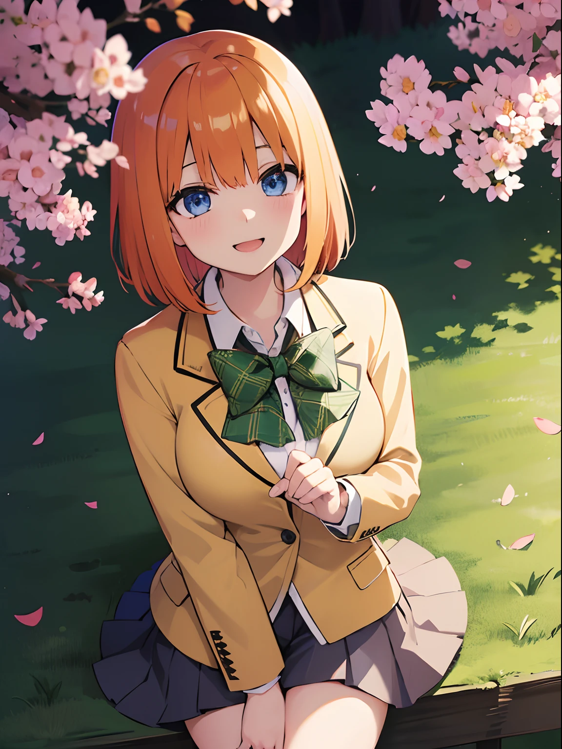 Nakano Yotsuba(The Bride of Fifths)、1girl, ​masterpiece、top-quality、NSFW, {vagina}, Marine blue eyes、orange hair, green hair bow, yellow sweater, black blazer, lowfers、cherry trees、a smile、