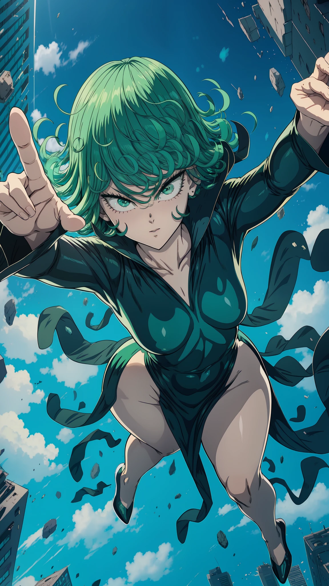 Tatsumaki from one punch man, short green hair, green eyes, Small chest, wearing fitting V-neck black dress, smiling facial expression, flying in the sky, cinematic blue sky, dynamic pose, full body view, hands on hip, low angle view, wide angle view,