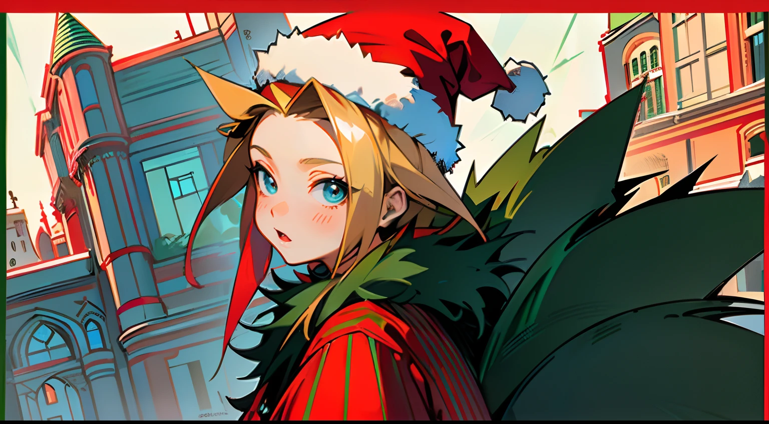 ((masterpiece:1.4、top-quality)) 、(18 year old woman wearing Santa hat、Wearing a winter fur coat、Smile on the back screen、low angles、Blonde spiked hair and blue eyes、) 、(Green and red attire、Green and red stripes:1.3) 、Streets bustling with Christmas、The streetlights are gorgeous、