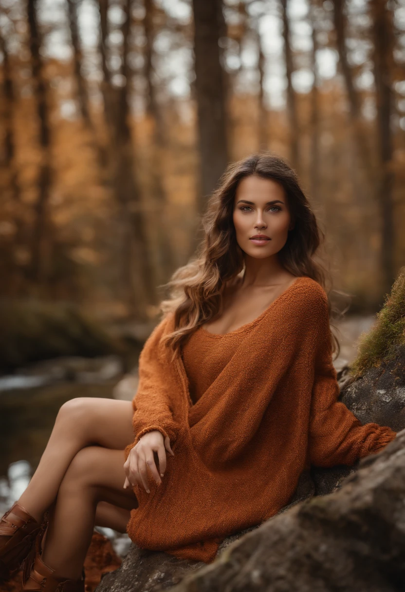 photoreallistic, Best quality, hyper detailed, Belles femmes, Photo selfie, Grand soutien-gorge, colorful outfit, Haut du corps, Porter un pull, salle de Bains, The nature of real life, (gai, timide), sac de couchage, Gants, chandail, woods, Roches, river, Bois, smoke, dent, clear sky, Regarder le spectateur, texture de la peau, Gros plan, ultra highres, .RAW, instagram LUT,