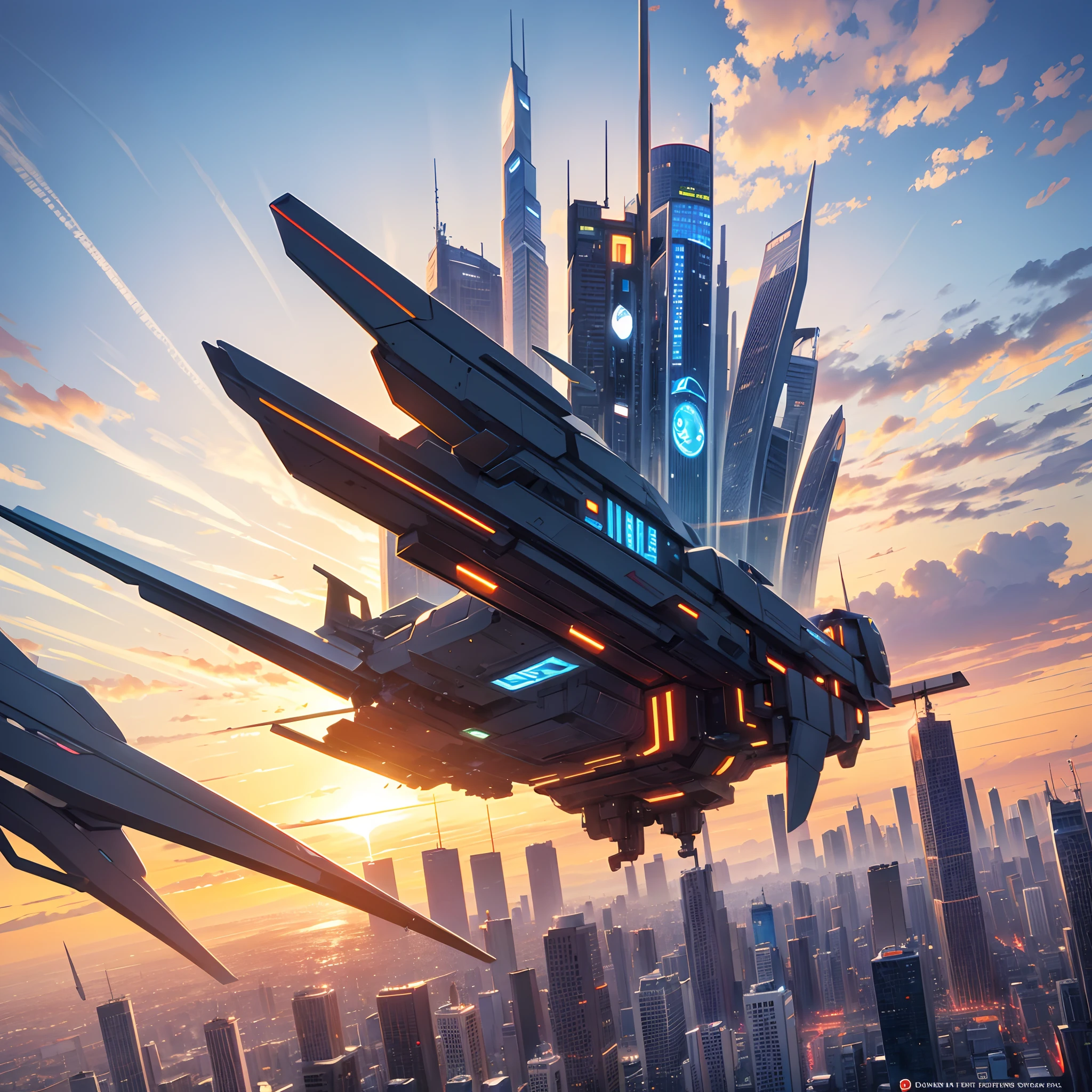 Create an image of a futuristic city with towering skyscrapers and flying vehicles in a warm and colorful sunset.
