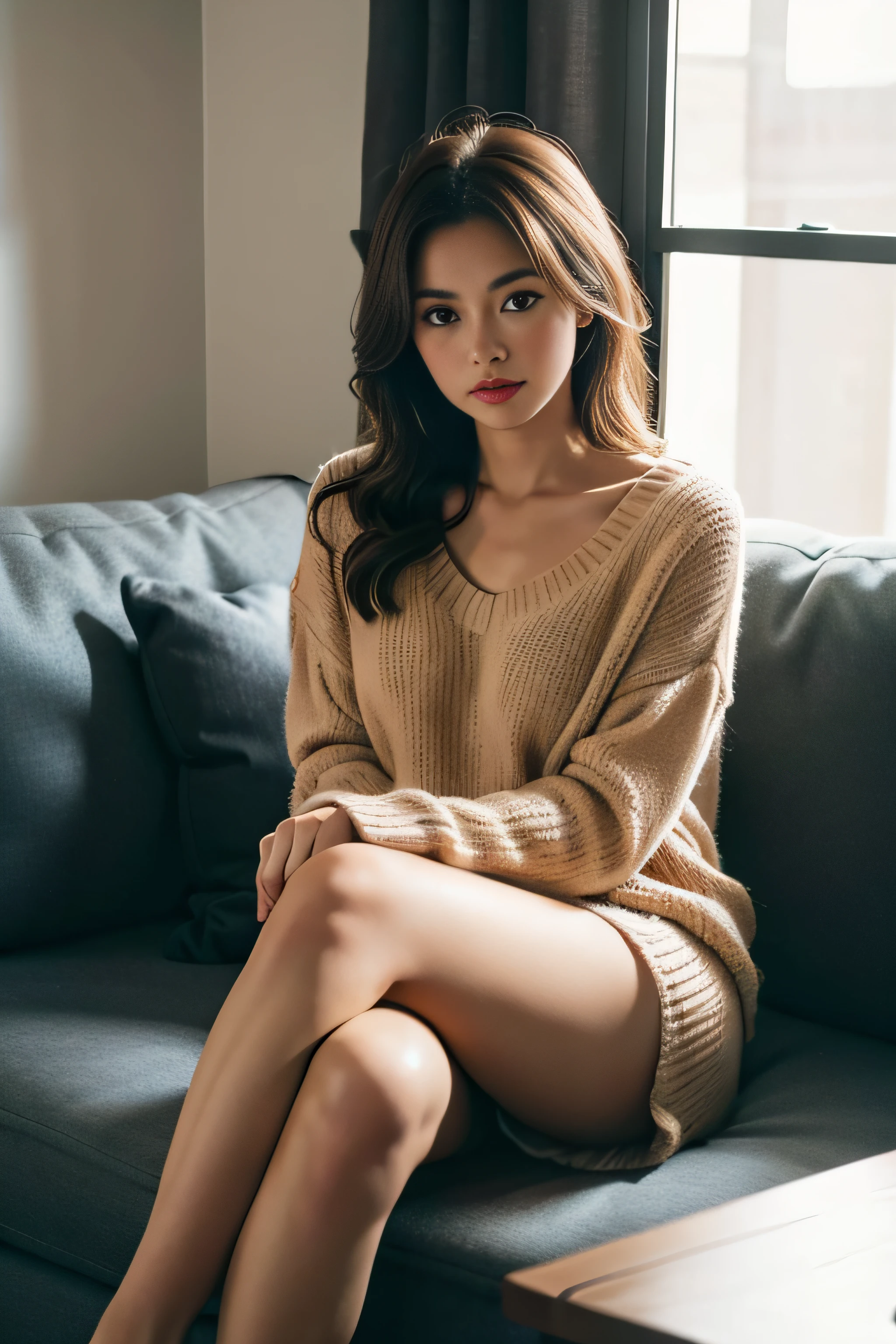 1girl,sitting on a cozy couch,crossing legs,soft light