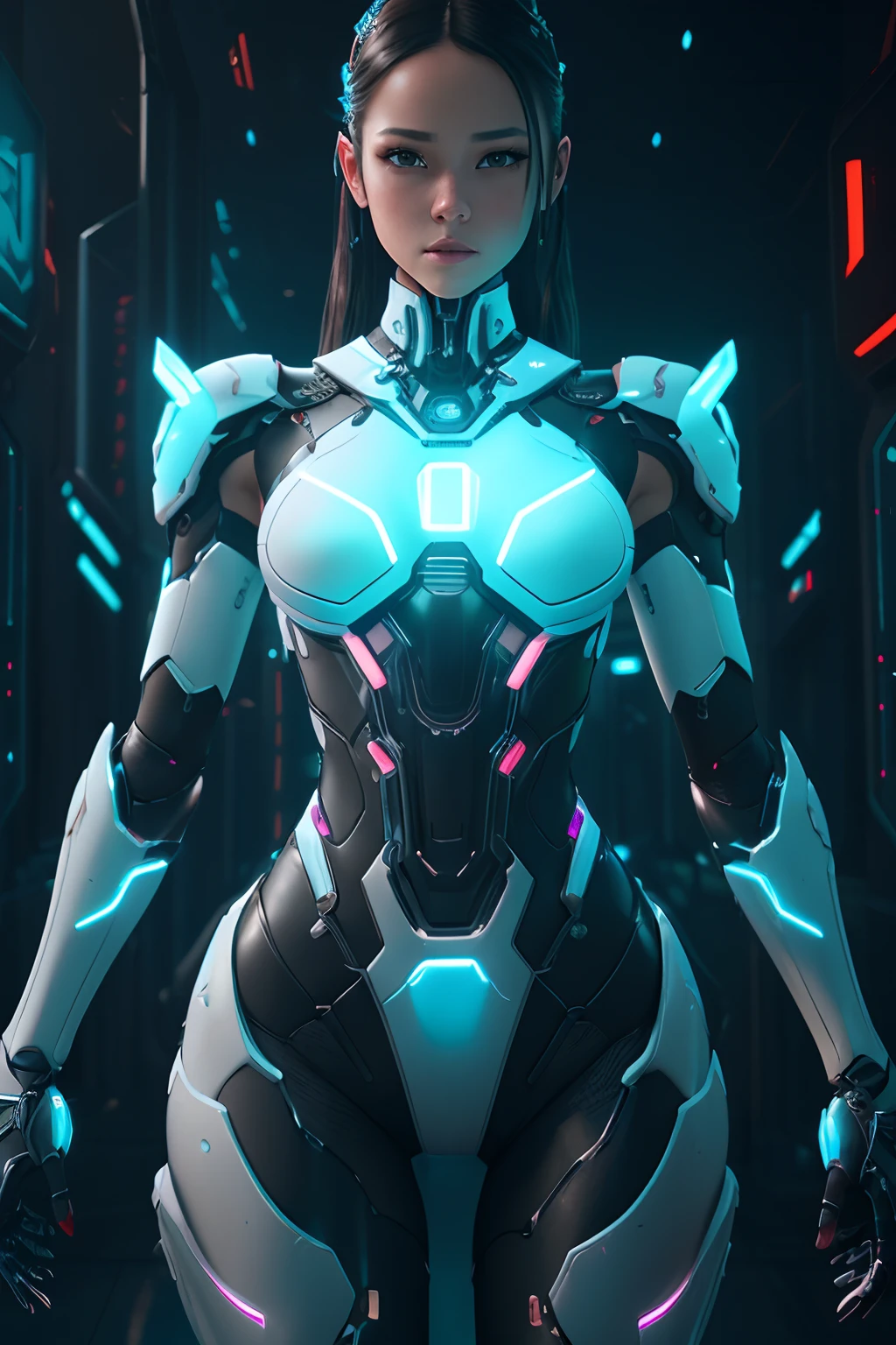 Beautiful Alluring bionic robot jenna ortega, plastic white robot skin, exposed mechanical glowing ribs, glowing mechanical parts, exposed mechanical plastic white limbs, glowing mechanical spine and vertebrae, Athletic Well Toned Body, Elegant Form, extreme detail, cyberpunk theme, neon lights, Beautiful Face, fantasy theme, Fiverr Dnd Character, Octane Render, Digital Art, Extreme Detail, 4k, Ultra Hd, Polished, Beautiful, Hyperdetailed, Intricate, Elaborate, Meticulous, Photorealistic, Sharp Focus, Wlop, Character Design, Unreal Engine, 3d Rendered, Volumetric Lighting, Reflections, Glossy, Digital Illustration, Sensual Pose, Suggestive Pose, Lewd, Full Body Shot, anatomically correct 💖❤💕💋❣