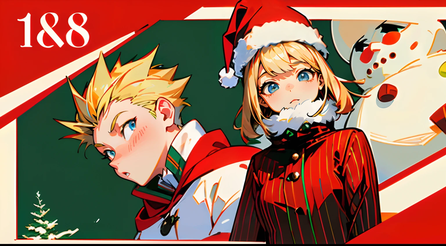 ((masterpiece:1.4、top-quality)) 、(18 year old woman wearing Santa hat、Wearing a winter fur coat、Smile on the back screen、low angles、Blonde spiked hair and blue eyes、There is a snowman、) 、(Green and red attire、Green and red stripes:1.3) 、Streets bustling with Christmas、The streetlights are gorgeous、