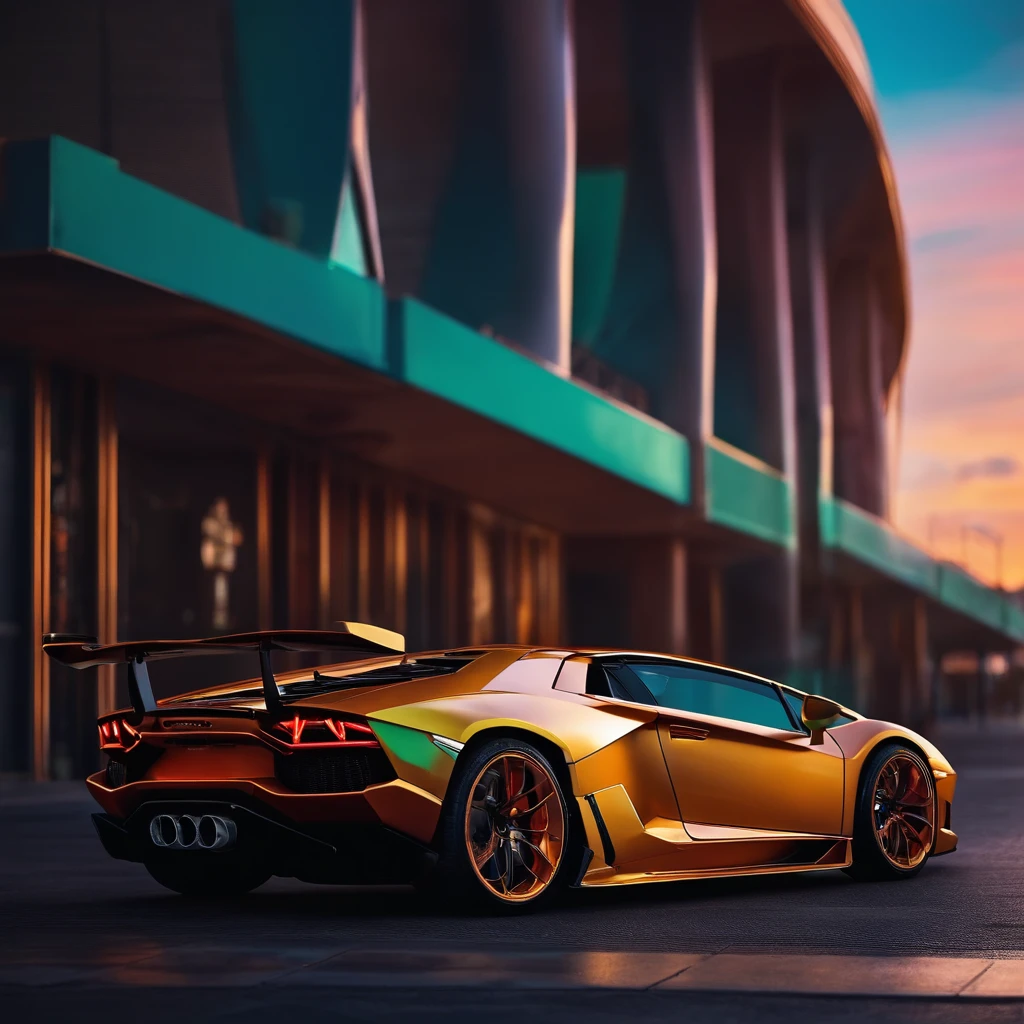 Lamborghini before sunset，Among them are anime, Arcade,Stylized T-shirt design， Nostalgic and colorful colors，cyber punk style