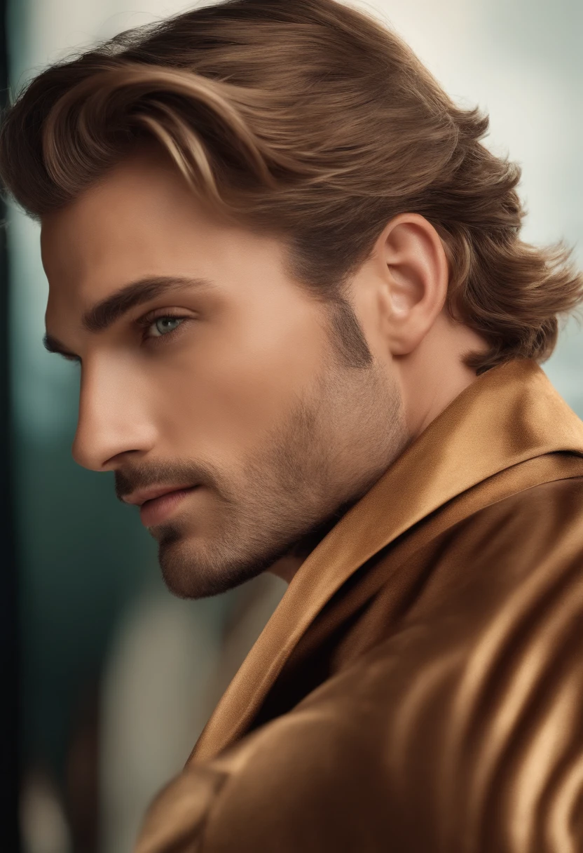 the best quality,Ultra detailded,Realstic:1.37,bel homme,beau visage,Detailed honey-colored eyes,Strong Jawline,Barbe de chaume,Beau sourire,Costume chic,Elegant hair,raser,Security posture,chevalier,Look captivant,well groomed,professionnel,Model appearance,Couleurs vives,studio lighting,ton de couleur chaud,Milieu:portrait