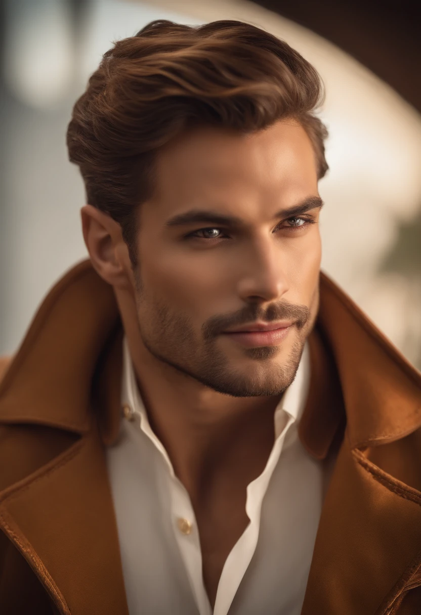 the best quality,Ultra detailded,Realstic:1.37,bel homme,beau visage,Detailed honey-colored eyes,Strong Jawline,Barbe de chaume,Beau sourire,Costume chic,Elegant hair,raser,Security posture,chevalier,Look captivant,well groomed,professionnel,Model appearance,Couleurs vives,studio lighting,ton de couleur chaud,Milieu:portrait