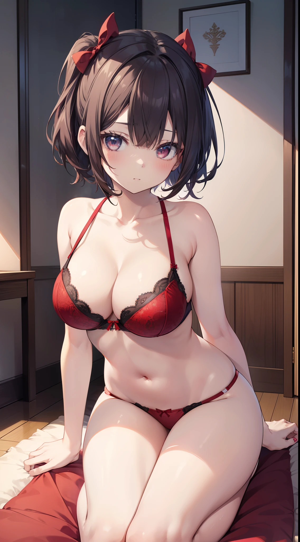 masutepiece、hight resolution、1girl in、in one's underwear only、red-lingerie、large full breasts、bending forward、Poses that emphasize breasts、Cute anime illustration、