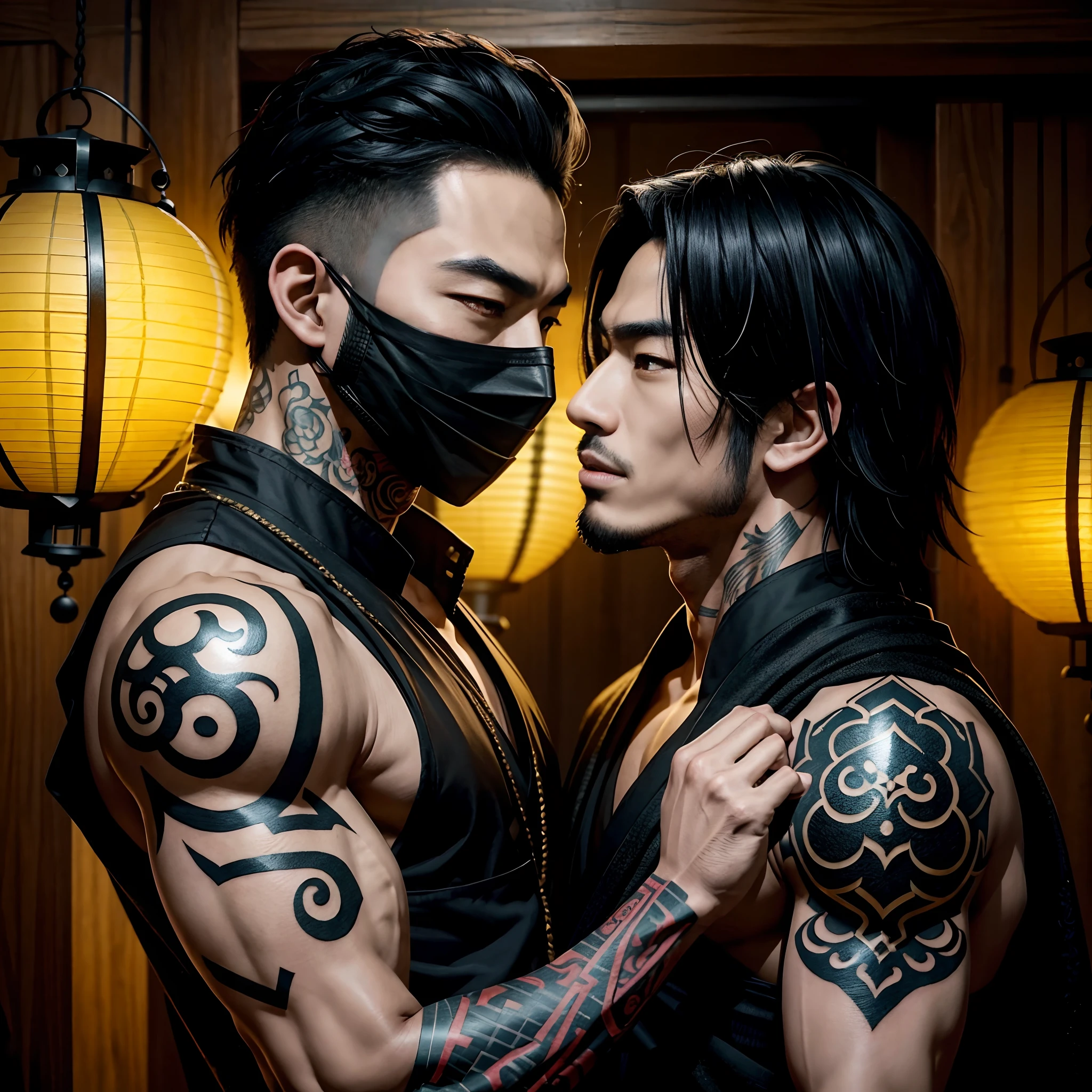 Two oriental men, Boyfriend, In the fun, roleplaying, One plays a sexy bandit,male people, A mask(black in color), Kiss, Oriental lanterns, body defined, Beautiful, Oriental, Realistic, Cinematic, High quality, 16k, Best quality, High details, Super detail, Tattoos,