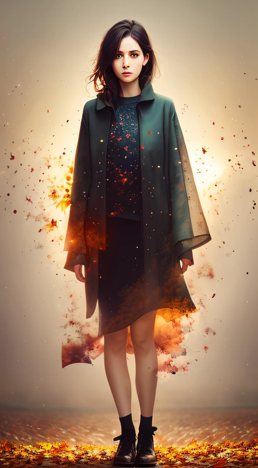 The female figure of Agnes Cecile,Radiation components,Soft color grading,Ink droplets drift away,Warm lights in autumn,1lady, full body shot