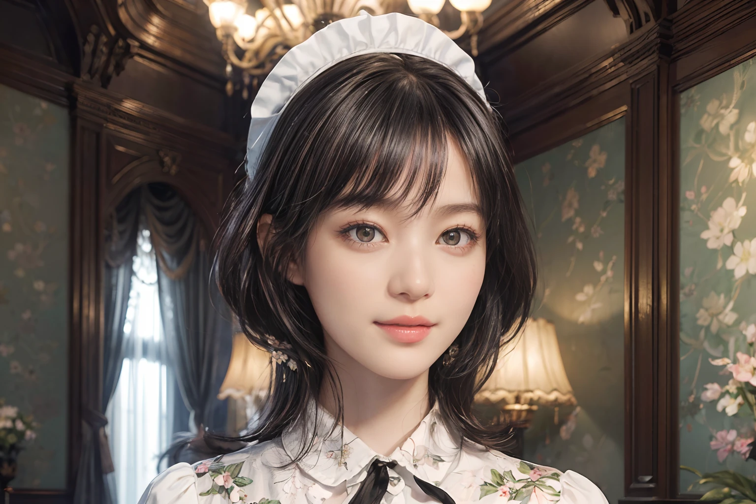 08
(Black Shorthair:1.3), (a 20 yo woman), (A hyper-realistic), (Masterpiece), (8KUHD), Beautiful woman, a smile, (Maid clothes with floral patterns:1.2), Spacious and luxurious entrance, Standing in a room with a large depth, (Focus on the face:1.3), (depth of fields)
