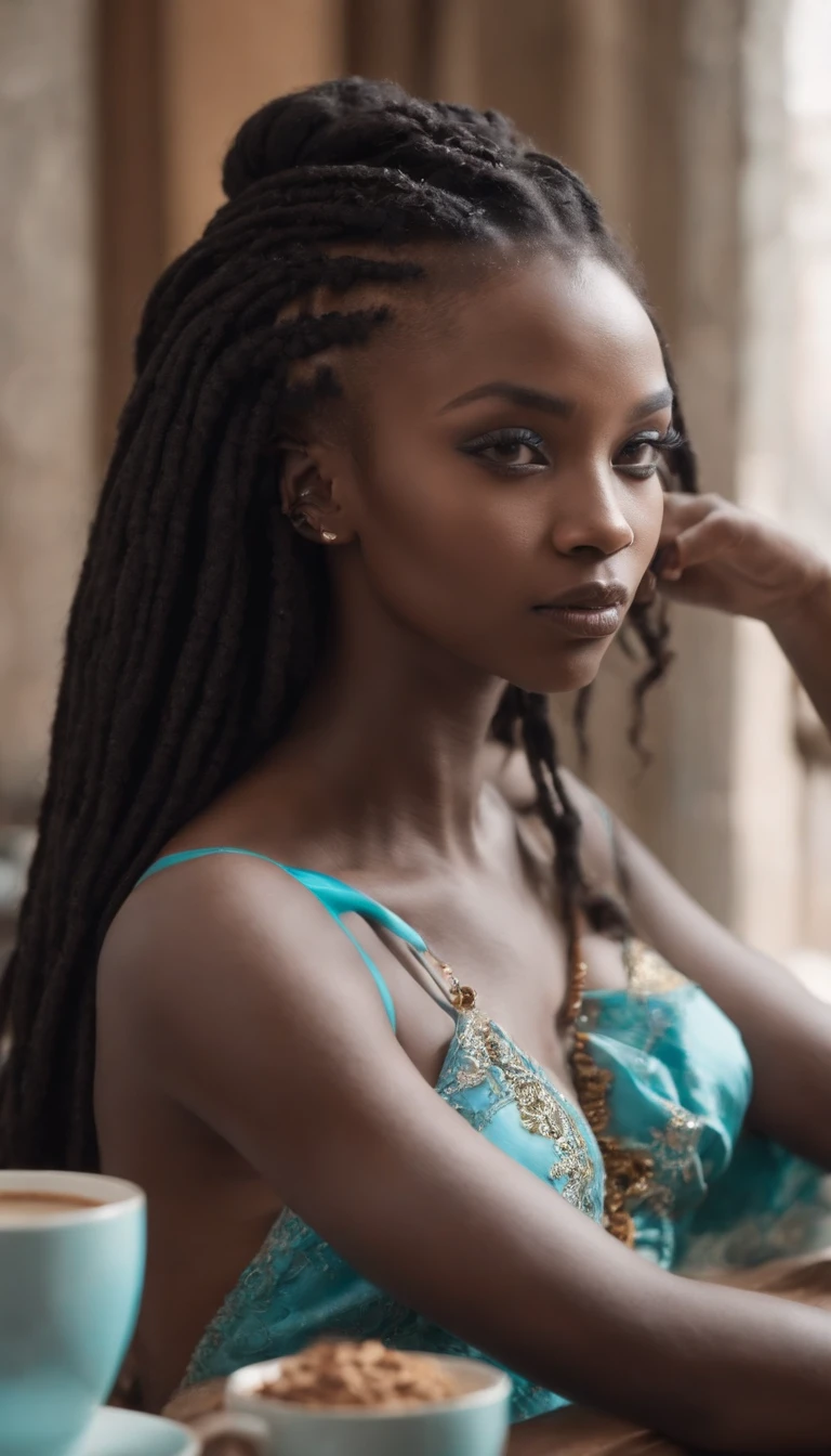 African black princess in lingerie, Cyan eyes, pouty lips, sitting at the table:1.4, pronounced cheekbones, hairlong, looking a viewer, Drinking coffee from a porcelain cup:1.4, Steam from a cup:1.4, Against the background of an open window:1.4, flirting with camera, Good morning, ultradetail, Jewelry:1.4, 独奏:1.4, Woman with dreadlocks and colorful headdress:1.4, Afrofuturistic style,