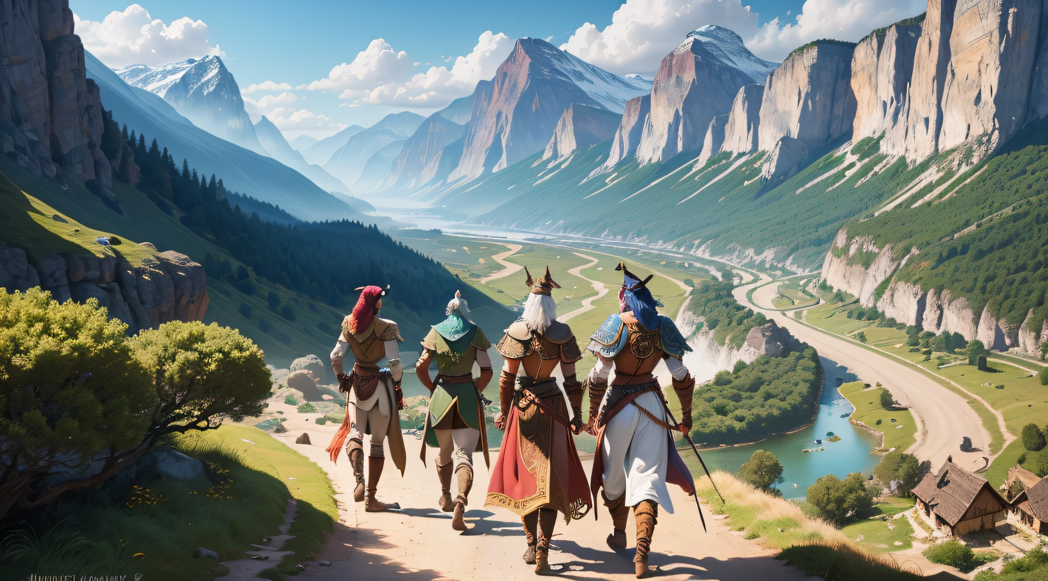 a d&d adventurer 4 person party walking on a road towards a village in a valley between mountains, back view, warrior, witch, elf bowman, courtesan, ultra-detailed clothes