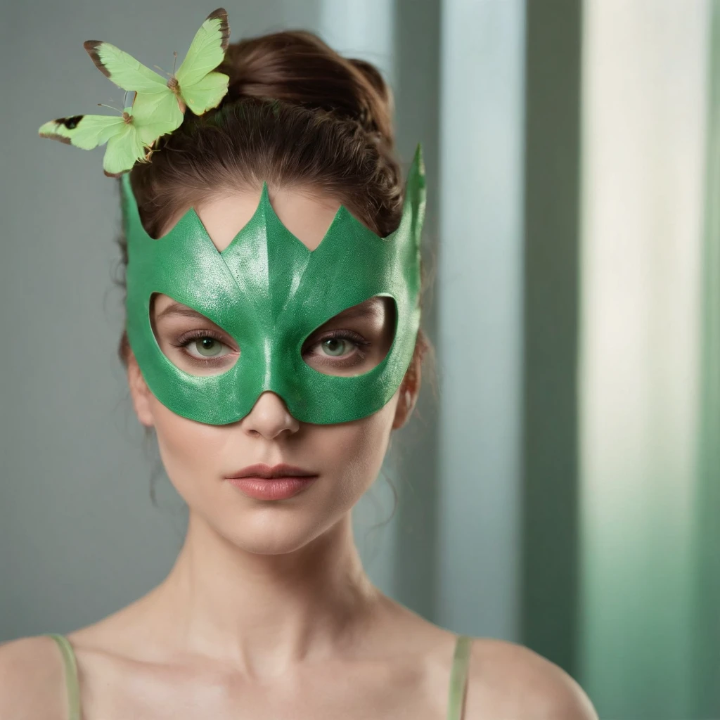 femele, In the style of Natalie Schau, Olivier Valsecchi, Ilya Kuvshinov, Light emerald and light green, Green mask like stink bug, Naturalistic portrait, Moody Expressionism、