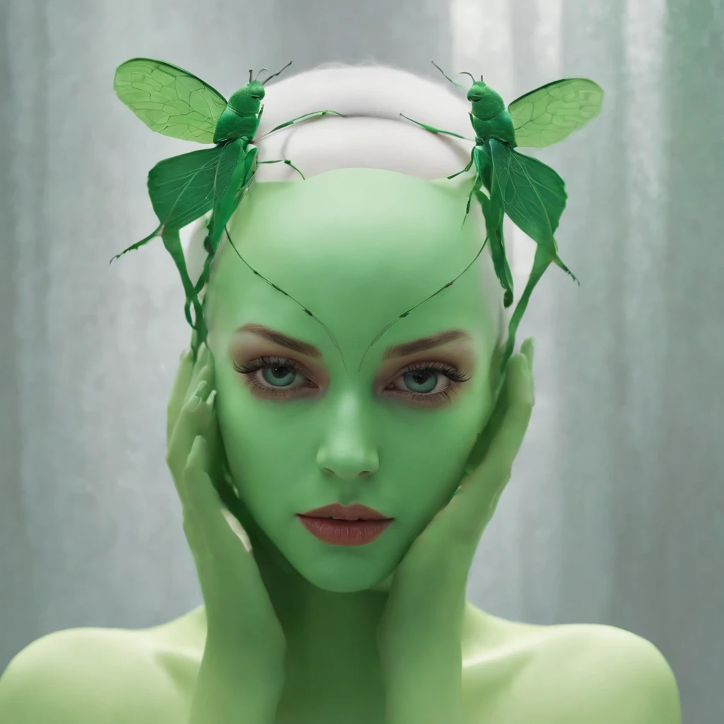 femele, In the style of Natalie Schau, Olivier Valsecchi, Ilya Kuvshinov, Light emerald and light green, Green mask like stink bug, Naturalistic portrait, Moody Expressionism、