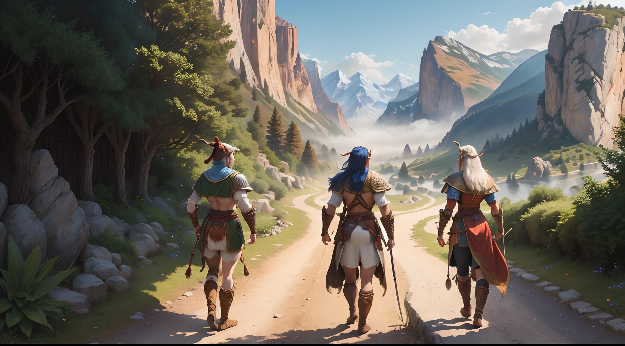 a d&d adventurer 4 person party walking on a road towards a village in a valley between mountains, back view, warrior, witch, elf bowman, courtesan, ultra-detailed clothes