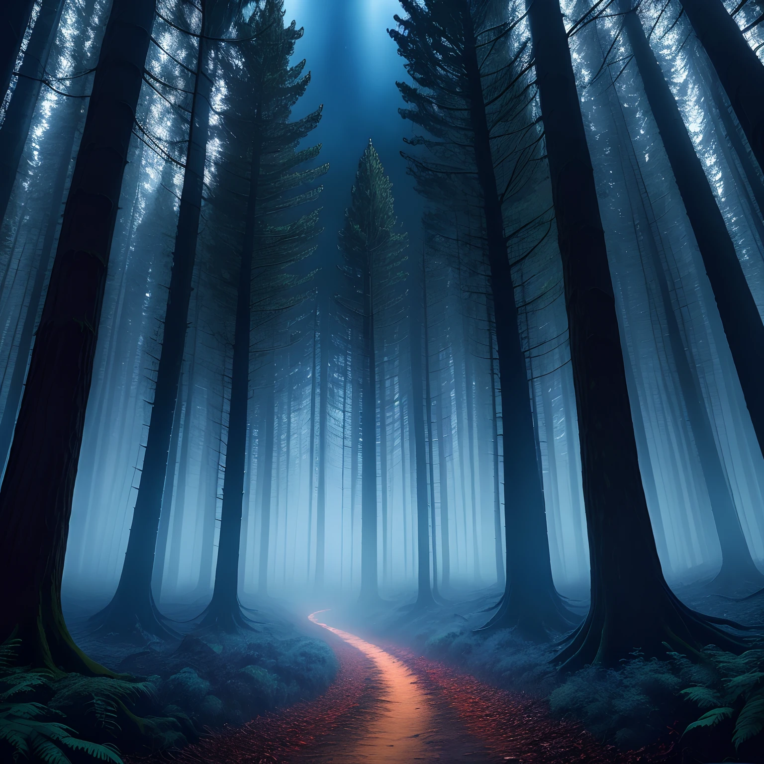 Dense old forest with lots of trees, The Dark Aspect, .Raw, Filmic, tmasterpiece, Nocturnal and spooky atmosphere, Predominant blue coloration, Close Frame, red glow, pixel art