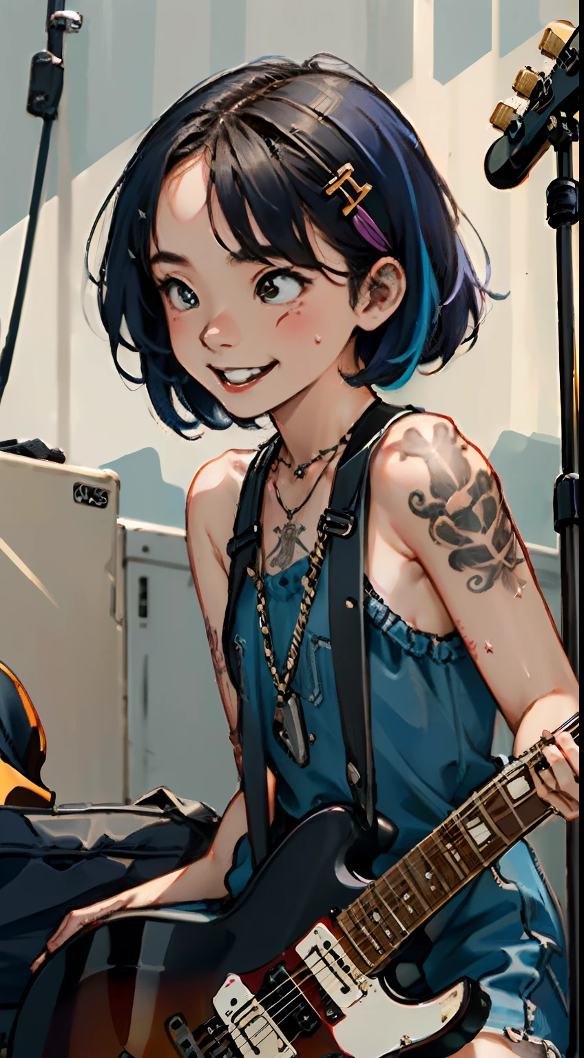 masterpiece, best quality, ultra-detailed, illustration, an extremely delicate and beautiful,high resolution, ultra-detailed,,perfect face,slender perfect body, Tight belly,Toned buttocks,Constricted waist,,(1 girl to band,guitar:1.7), 15yo,(1girl to colorful hair),(big smile),black sunglasses, (tattoo on thigh:1.3),(1girl to very short hair), shy daughter, short stature,(rock and roll star:1.3),(small breasts),on a luxurious stage), (band girl),((very wide shot )),( sweaty skin:1.2),(low view:1.5),(spread legs:1.3)