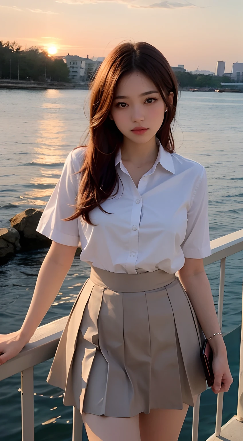 top-quality, masutepiece, High Definition, 16k image, (Sunset sky), Beautiful clouds dyed red, Dazzling sunset, Sunset sky reflected on the surface of the water, Beautiful High School Girl, (red blush), (Medium bob hair), Beautiful light brown hair, beautiful light brown eyes, (plump big breasts), High School Uniform, Constricted waist, White blouse with short sleeves, Pleated skirt , High school girl standing on the pier on the riverbank, Be mesmerized by the mesmerizing reflection of the sunset on the surface of the water. Uniform skirt sways lightly in the wind,