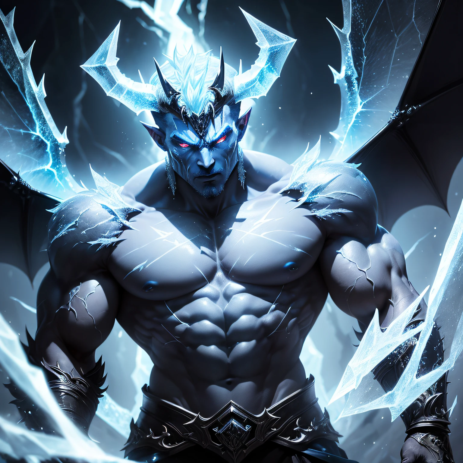 (A man-shaped ice demon with a muscular body:1.2), 3 meters tall, with blue-black demon wings resembling bat wings, radiating an icy aura, art, (hdr:1.5), hyper detailed, light effect, dramatic light, (intricate details:1.1), white background.
