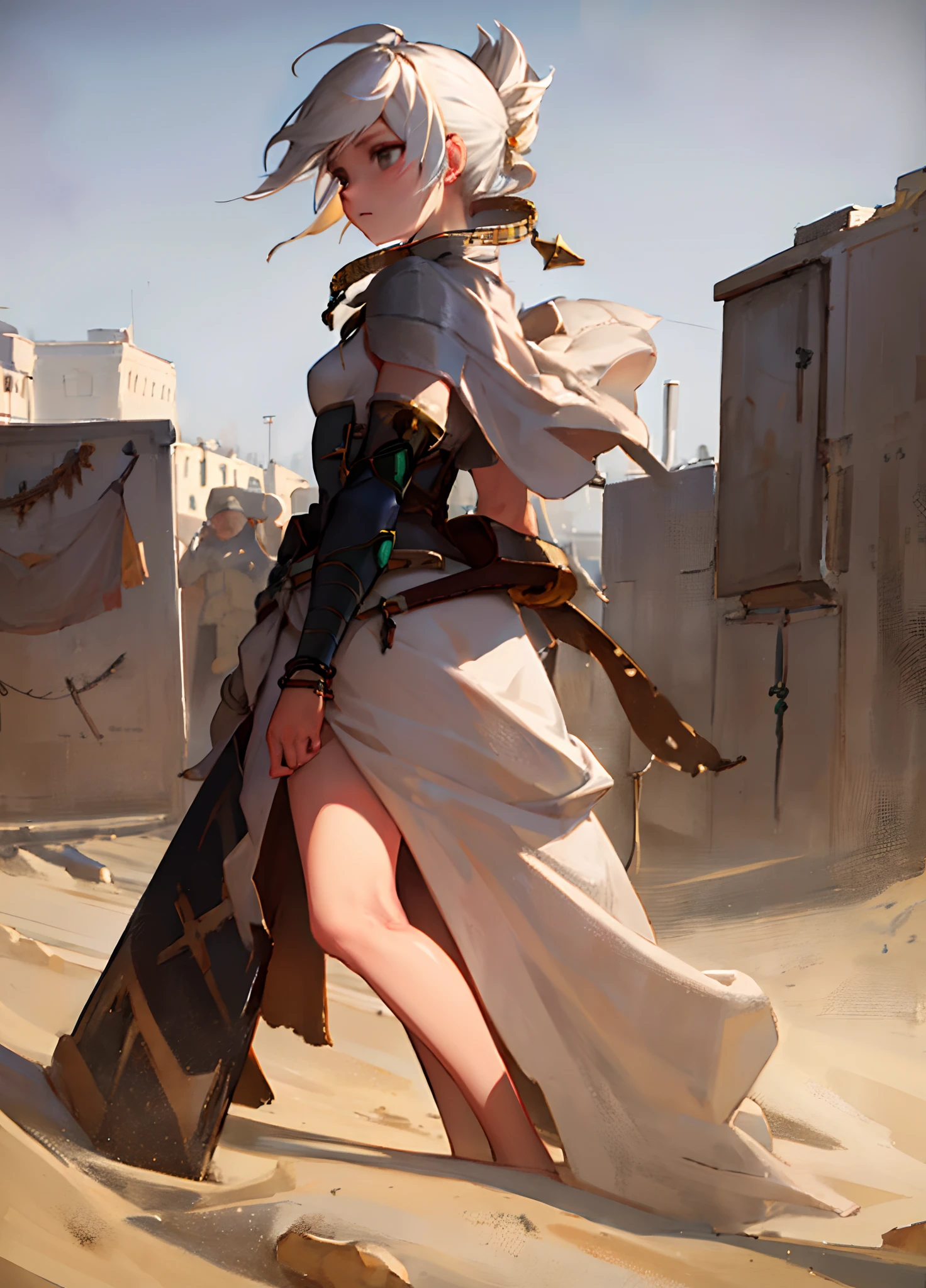 1girl, jewelry, bracelet, day, solo, cloud, horizon, long_hair, outdoors, looking_at_viewer, the best quality, masterpiece, medieval background, armored, short hair, white hair,