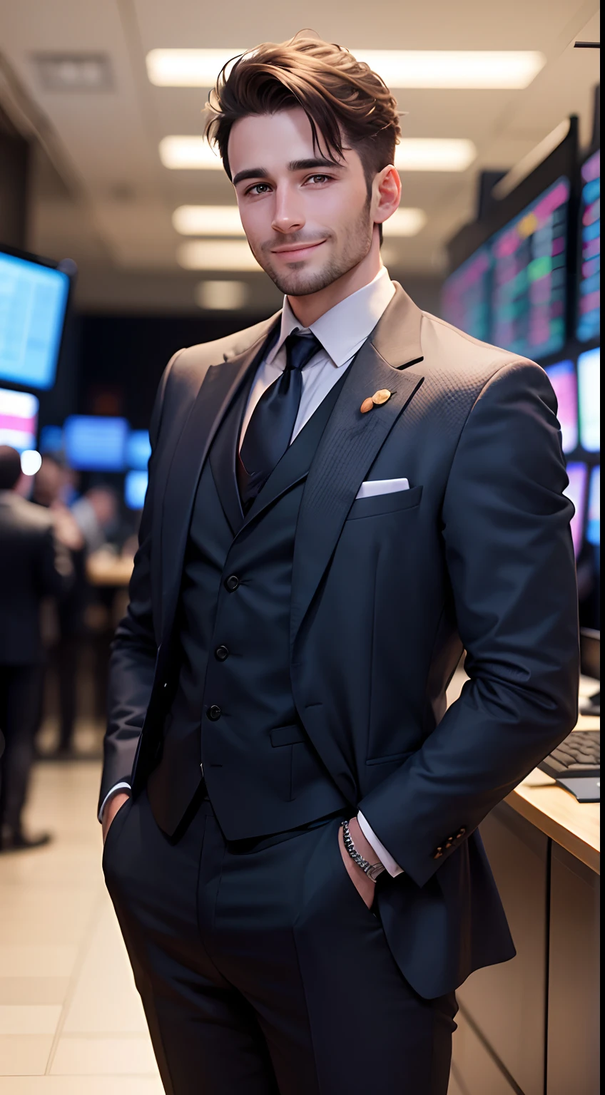 30-year-old European man in suit,The expression is smiling,The background is the stock trading floor