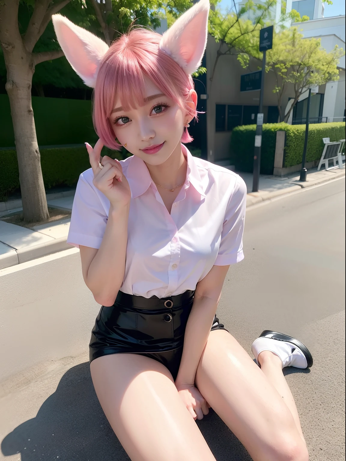 Pink short cut hair，(8K, top-quality, ​masterpiece:1.2), (realisitic, Photorealsitic:1.37), ultra-detailliert, 1 girl in, full body Esbian, a park, (Adjusted hair:1.5) Officelady, Black Office Blazer, Office Skirt, (panthyhose: 1.2)、(Short button-down shirt:1.2)、Button Up Color Prim、Button Down Color Prim、bura、(panthyhose:1.2)、Alpha Layer、high-heels、earring beautiful、cute little、独奏、Beautiful detailed sky、(A smile:1.15)、(Mouth closed)、tiny chest、Eyes in Beautiful Details、Business attire、（short-hair：1.2）、Floating Hair NovaFrogStyle、Hotel Bed、masuter piece、Pink Shortcut Bob、Realistic rabbit ears、Pink realistic rabbit ears、Realistic ears of rabbits sticking out of the head、Pink hair、Beautiful girl in her 20s、Bewitching atmosphere、Beautiful shaped hands、K-POP、Pink rabbit ears、1 girl in、独奏、​masterpiece、top-quality、realisitic、Hyper-detailing、(Glossy skin:1.4)、absurderes、short pink hair、Slender beauties、动态照明、hight resolution、foco nítido、depth of fields、(thick thight:1.0)、A slender :1.2，((Short-cut bob hair))、((k pop:1.3))，Highly detailed facial and skin texture、((魅惑的))，Anatomically correct number of fingers，Correct anatomy