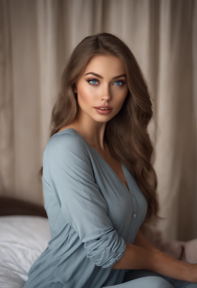 arafed woman fully , sexy girl with blue eyes, ultra realistic, meticulously detailed, portrait sophie mudd, blonde hair and large eyes, selfie of a young woman, bedroom eyes, violet myers, without makeup, natural makeup, looking directly at the camera, face with artgram, subtle makeup, stunning full body shot kneeling on bed, in bedroom, medium to large size bust